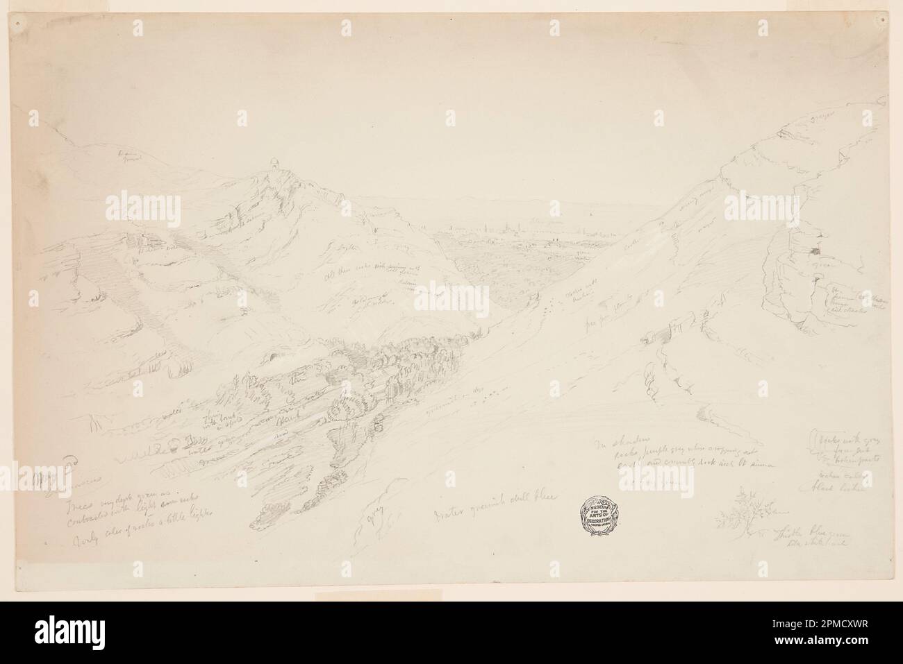 Zeichnung, Fernansicht von Damaskus, Syrien; Frederic Edwin Church (amerikanisch, 1826–1900); USA; Graphit, Pinsel und weißer Zahnschmerz auf grün-grauem Papier; 28,8 x 44,3 cm (11 5/16 x 17 7/16 Zoll) Stockfoto