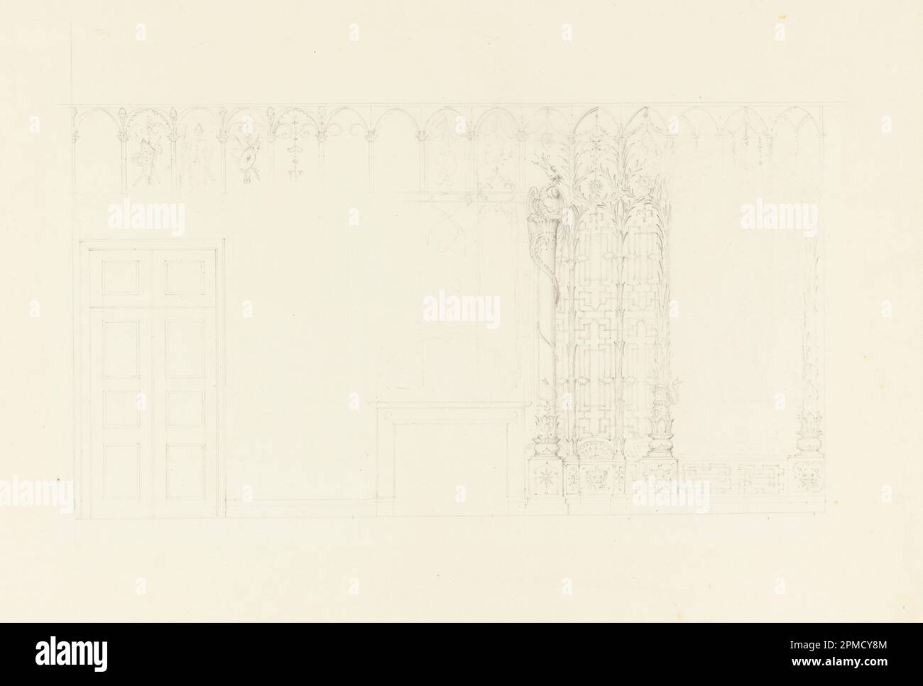 Zeichnung, Design für Wanddekoration der Südwand der Eingangshalle, Royal Pavilion, Brighton; entworfen von Frederick Crace (Englisch, 1779–1859); England; Graphit auf Papier; Matte: 40,6 x 55,9 cm (16 x 22 Zoll) 34 x 50,1 cm (13 3/8 x 19 3/4 Zoll) Stockfoto