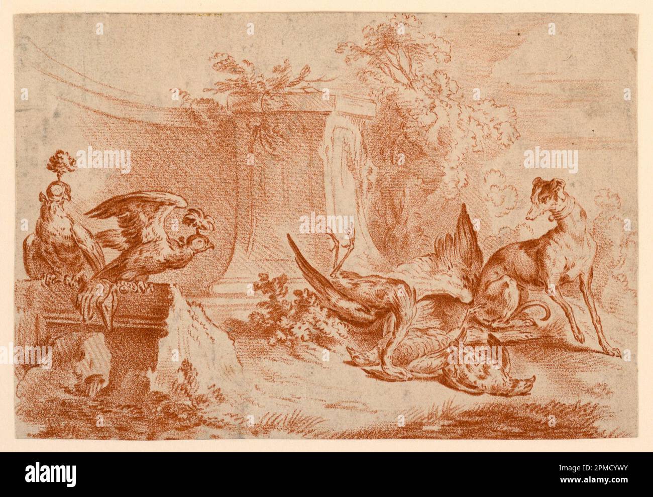 Print, Falcons, Dog, and Dead Game; Print Maker: Gilles Demarteau (Belgier, in Frankreich aktiv, 1722–1776); nach Jean-Baptiste Huët (1745–1811); Frankreich; Gravur in roter Tinte auf Papier; 14,2 x 20,8 cm (5 9/16 x 8 3/16 Zoll) Stockfoto