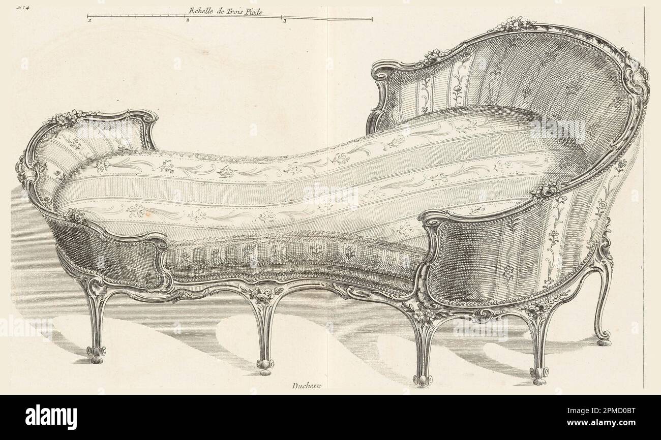 Print, Duchesse (Nr. 4), von Recueil de différents Muebles garniers Comme Fauteuils (Liard's 'Suites'); entworfen von Matthew Liard (Englisch, ca. 1736–1782); England; Ätzen auf cremefarbenem Papier; Blatt: 30,6 x 44 cm (12 1/16 x 17 5/16 Zoll) Platemark: 19,8 x 32,4 cm (7 13/16 x 12 3/4 Zoll) Stockfoto