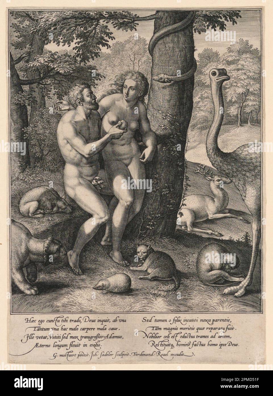 Print, The Fall of man; Jan Sadeler, The Elder (ca. 1550–1600); After Gilles Mostaert the Elder (ca. 1534–1598); Niederlande; Gravurstütze: Weißes Papier; 20,5 x 14,8 cm (8 1/16 x 5 13/16 Zoll) Matte: 45,7 x 35,6 cm (18 x 14 Zoll) Stockfoto