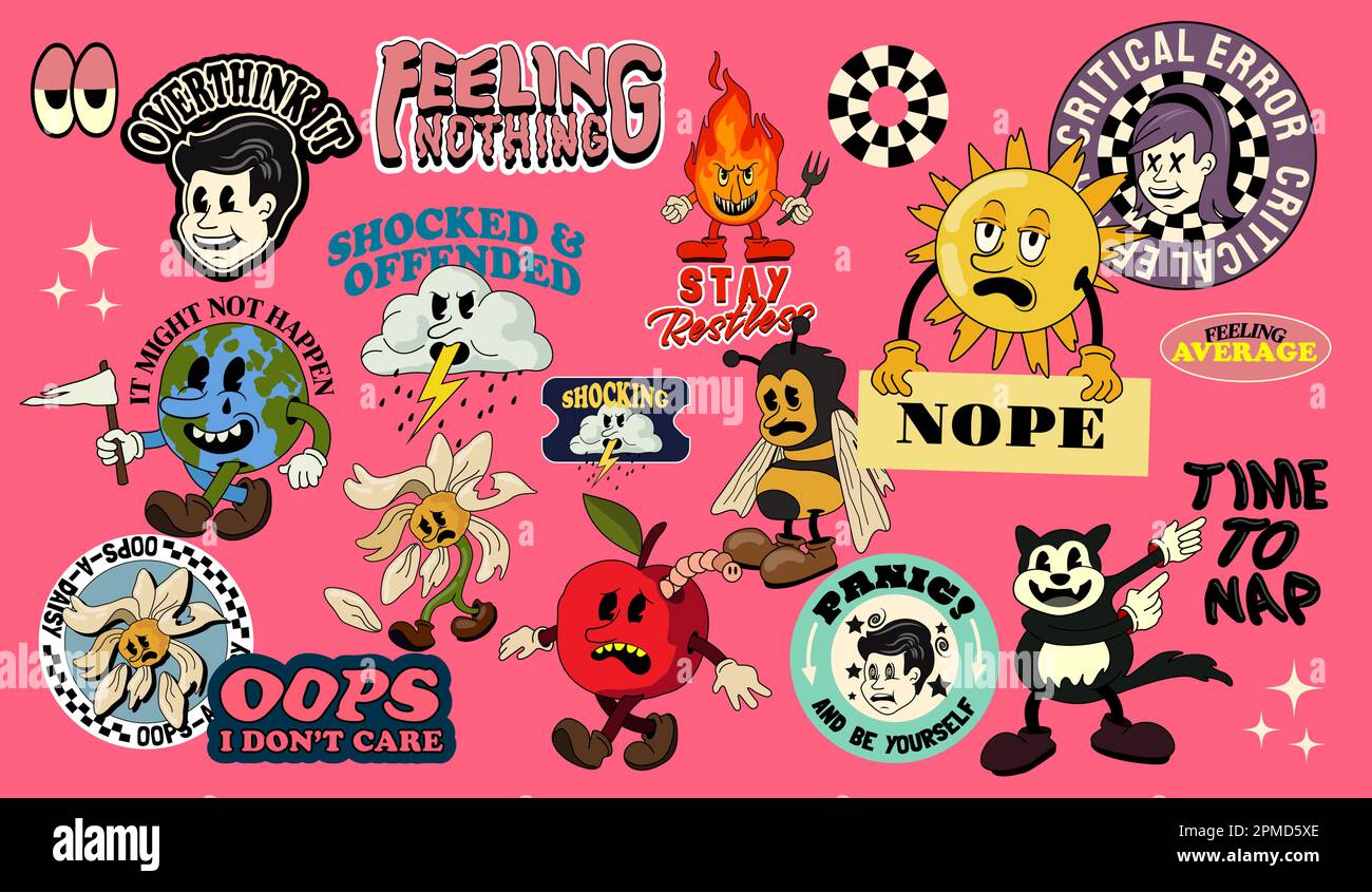 Ein Set aus Retro-Cartoon-Stickern und verspielten Figuren wie einer Blume, einer Biene und einer Katze mit uninspirierenden Botschaften. Stock Vektor