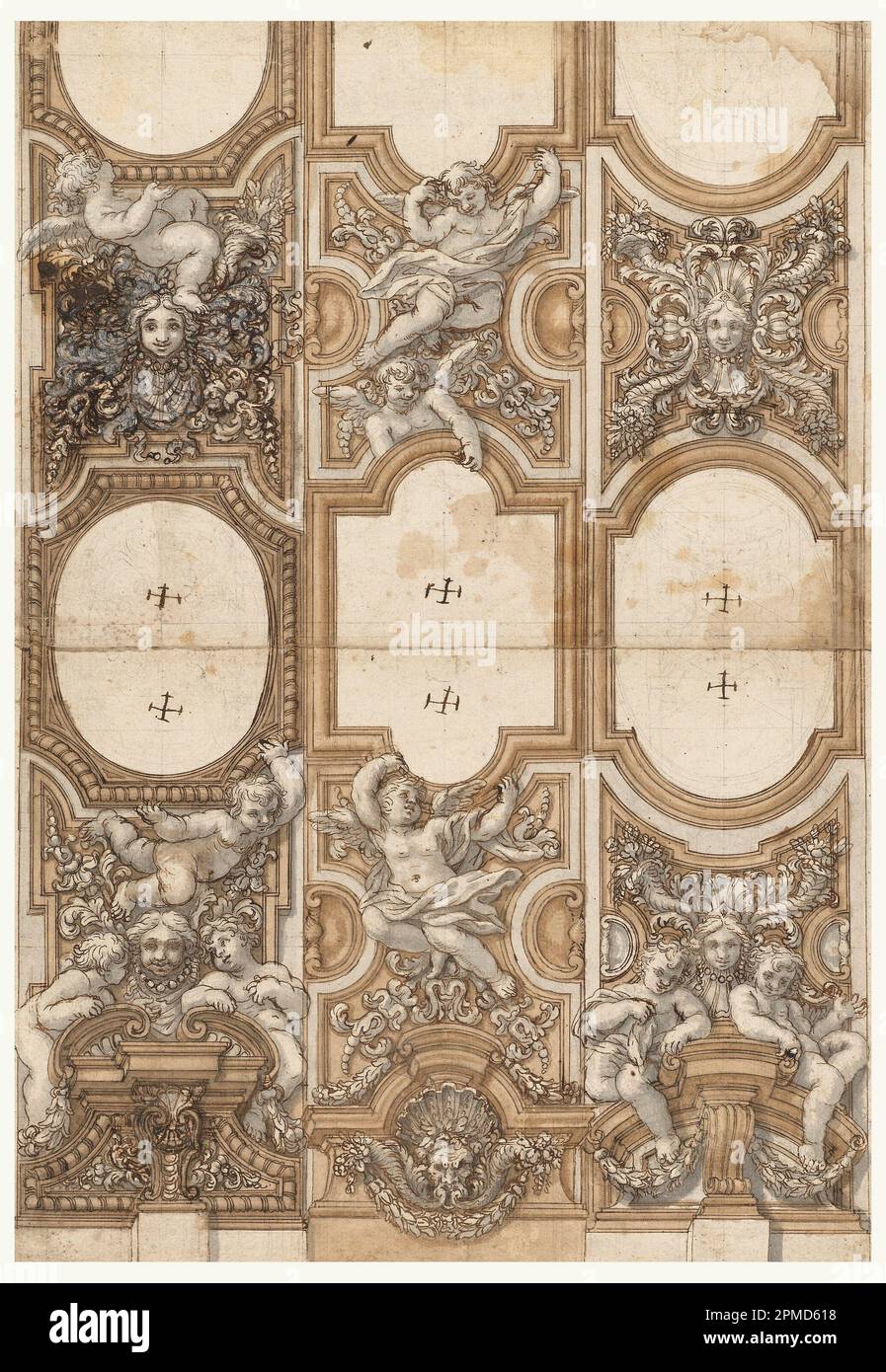 Zeichnung, Design für skulpturierte Dekorationen der Decke; Unbekannt; Italien; Pinsel und braunes Waschen, Stift und Tinte, Graphit auf Papier; 39 x 28,2 cm (15 3/8 x 11 1/8 Zoll) Stockfoto