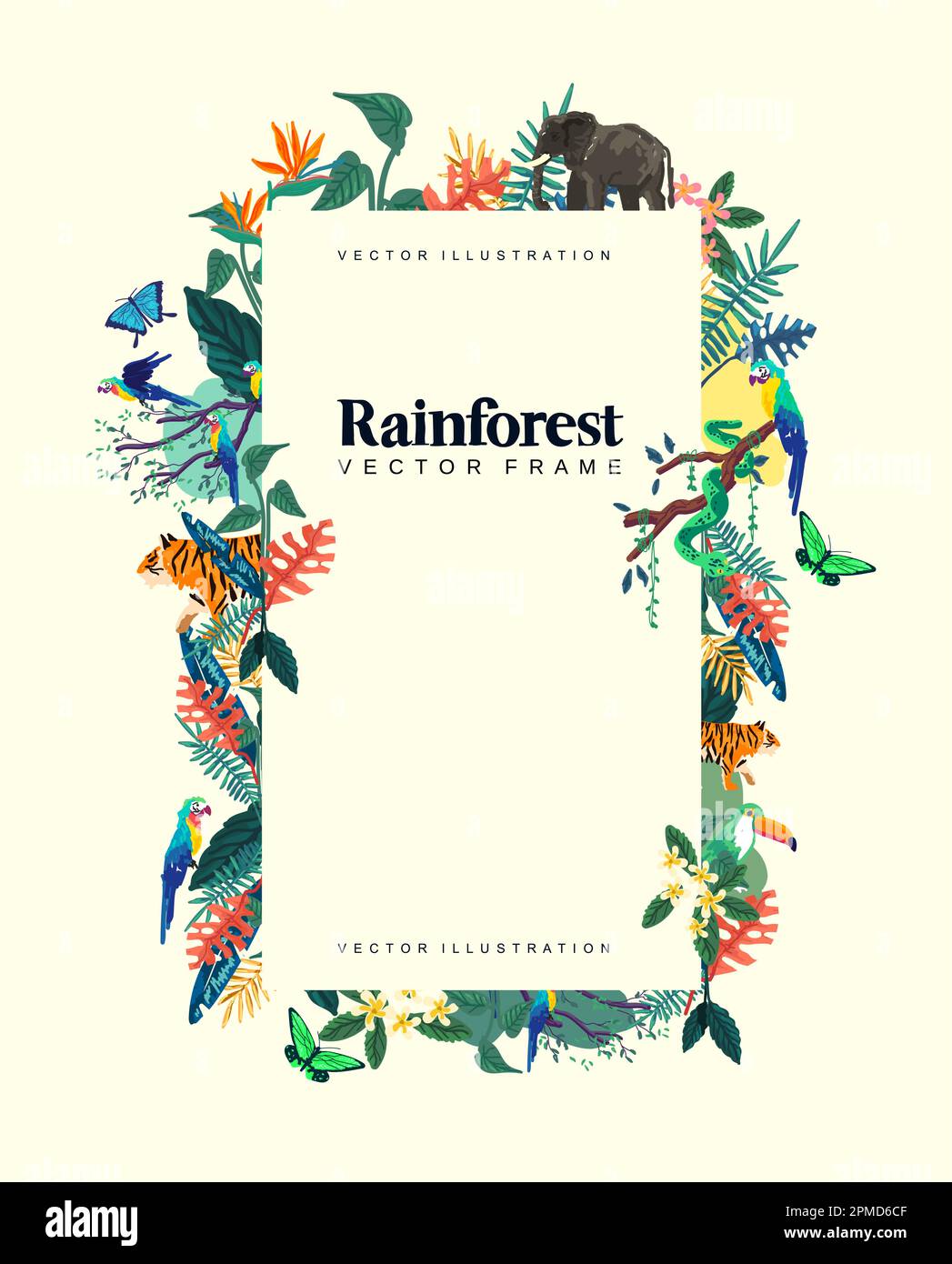 Wilde und tropische Regenwaldkonstruktion mit Pflanzen und Tieren. Dekorative Vektordarstellung. Stock Vektor