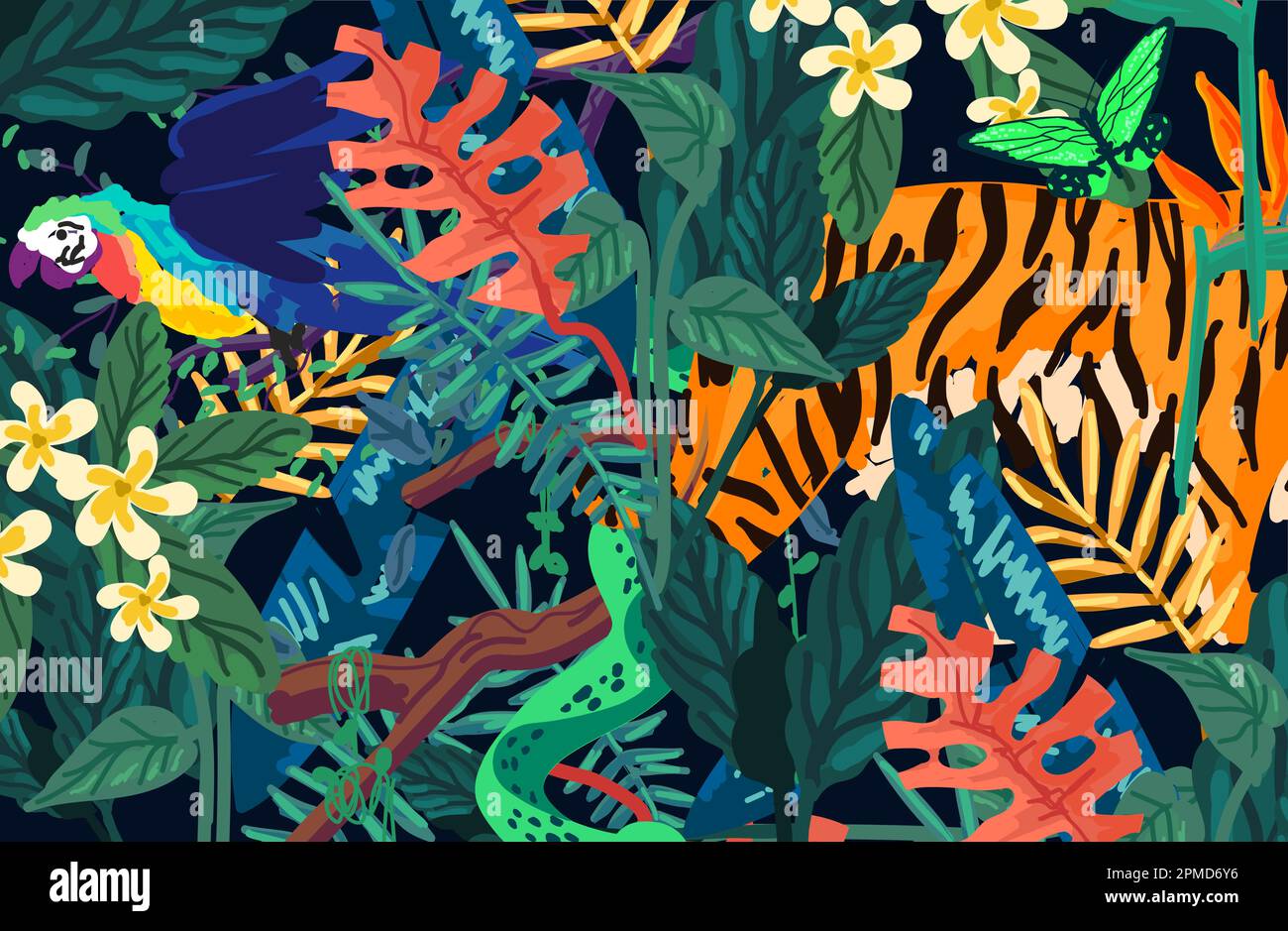 Moderne und exotische Regenwaldformen, Muster und Pinselstriche mit wilden Tieren und Pflanzen. Vektordarstellung. Stock Vektor