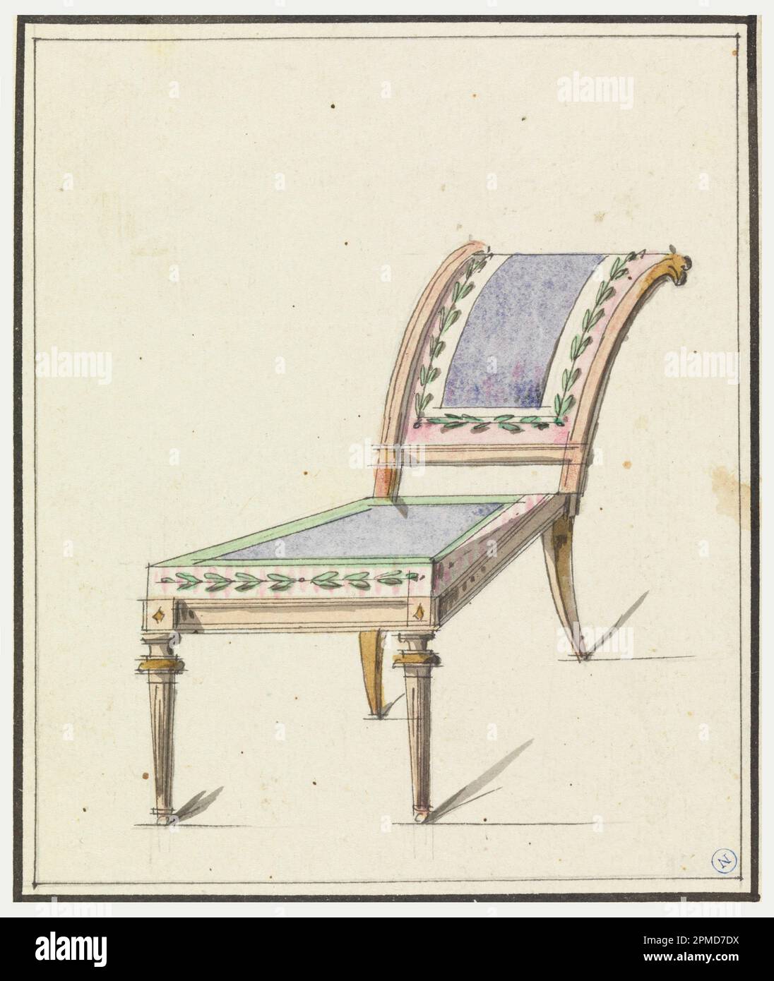 Zeichnung, Entwurf eines Stuhls; möglicherweise von Pierre-Antoine Leboux de La Mésangère (Französisch, 1761-1831); Workshop von Jean Démosthène Dugourc (Französisch, 1749-1825); Frankreich; Pinsel und Aquarell, Grauwäsche, Stift und schwarze Tinte auf weißem Papier; 13,7 x 11,5cm (5 3/8 x 4 1/2in.) Stockfoto