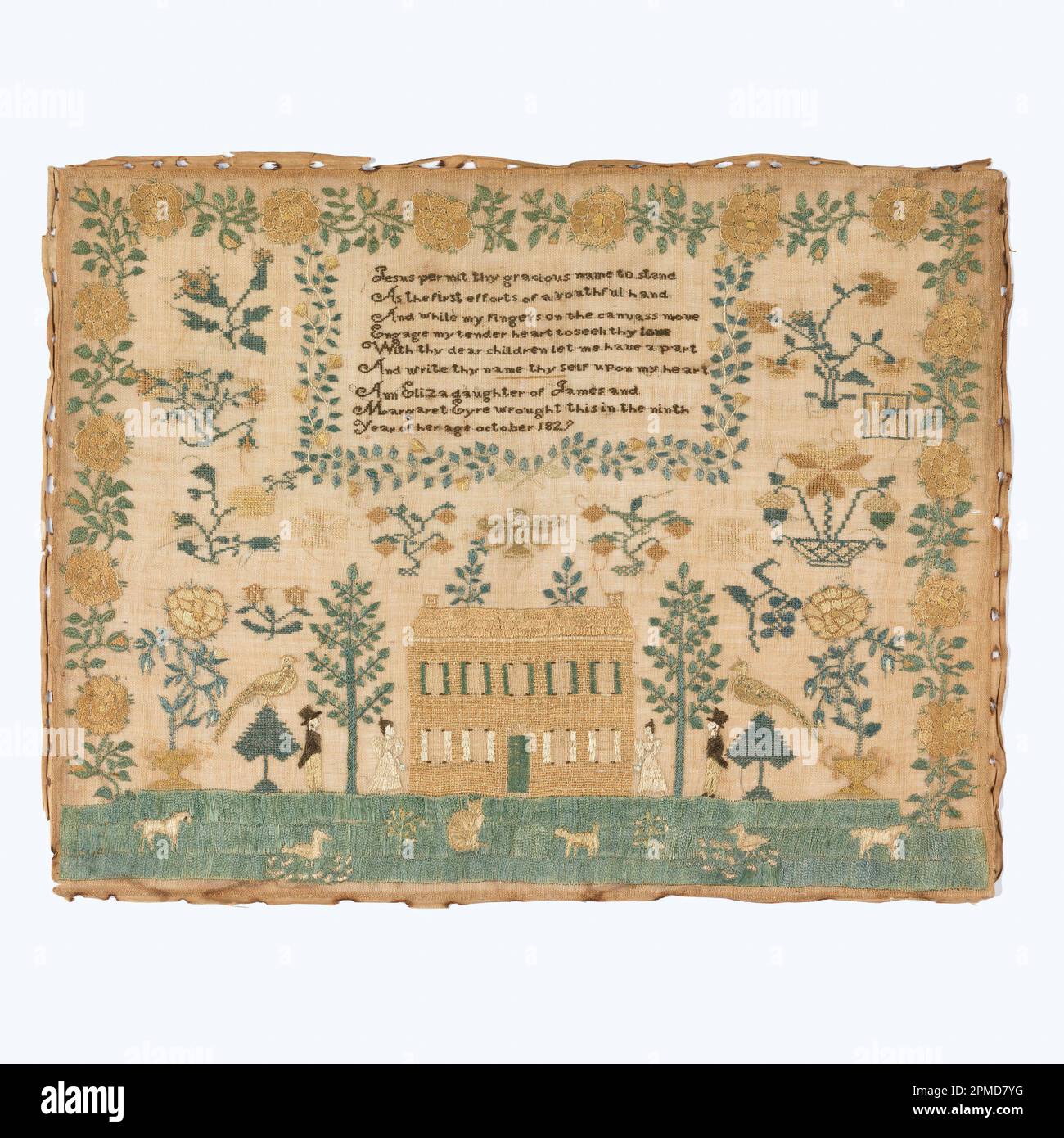 Sampler (USA); bestickt von Ann Eliza Eyre, amerikanisch; Seidenstickerei auf Leinenbasis Stockfoto