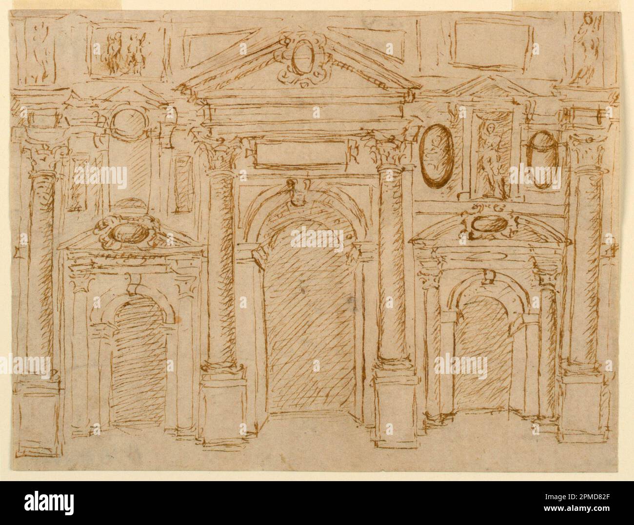 Zeichnen, Design für eine Bühne mit alternativen Vorschlägen; wahrscheinlich Vincenzo Scamozzi; Italien; Stift- und bistre Tinte auf geflochtenem Papier; 14,6 x 21,6 cm (5 3/4 x 8 1/2 Zoll) Stockfoto
