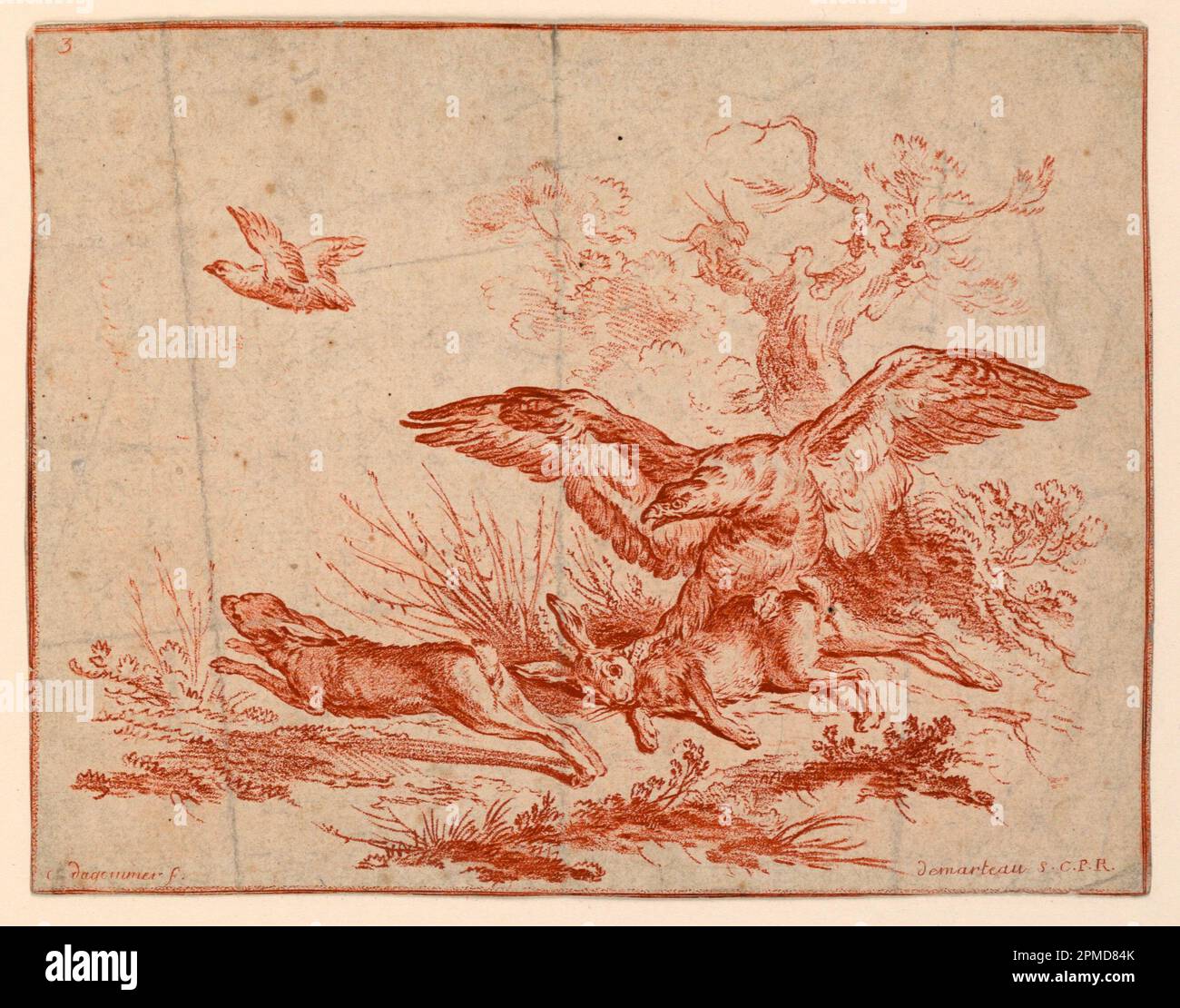 Print, Vulture Killing a Hare; Print Maker: Gilles Demarteau (Belgier, in Frankreich aktiv, 1722–1776); nach Charles Dagommer (Französisch, aktiv 1762–1768); Frankreich; Zeichenstift in roter Tinte auf Papier; 16,7 x 21,3 cm (6 9/16 x 8 3/8 Zoll) Stockfoto