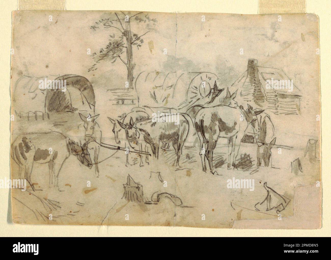 Zeichnen, Ablegen von Maultieren an Wagen befestigt; Winslow Homer (amerikanisch, 1836–1910); USA; Graphit, Pinsel und graue Wäsche auf cremefarbenem gewebtem Papier; 11,5 x 16,7cm mm (4 1/2 x 6 9/16in.) Stockfoto