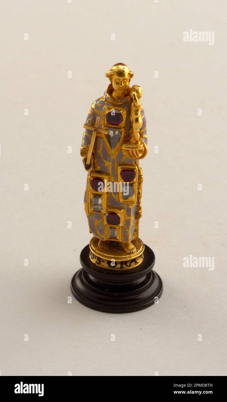 St. Antonius von Padua Pendant; Gold, farbige Steine, Emaille, Holzsockel; Insgesamt: 5 x Durchmesser 1,9 cm (1 15/16 x 3/4 Zoll) Stockfoto