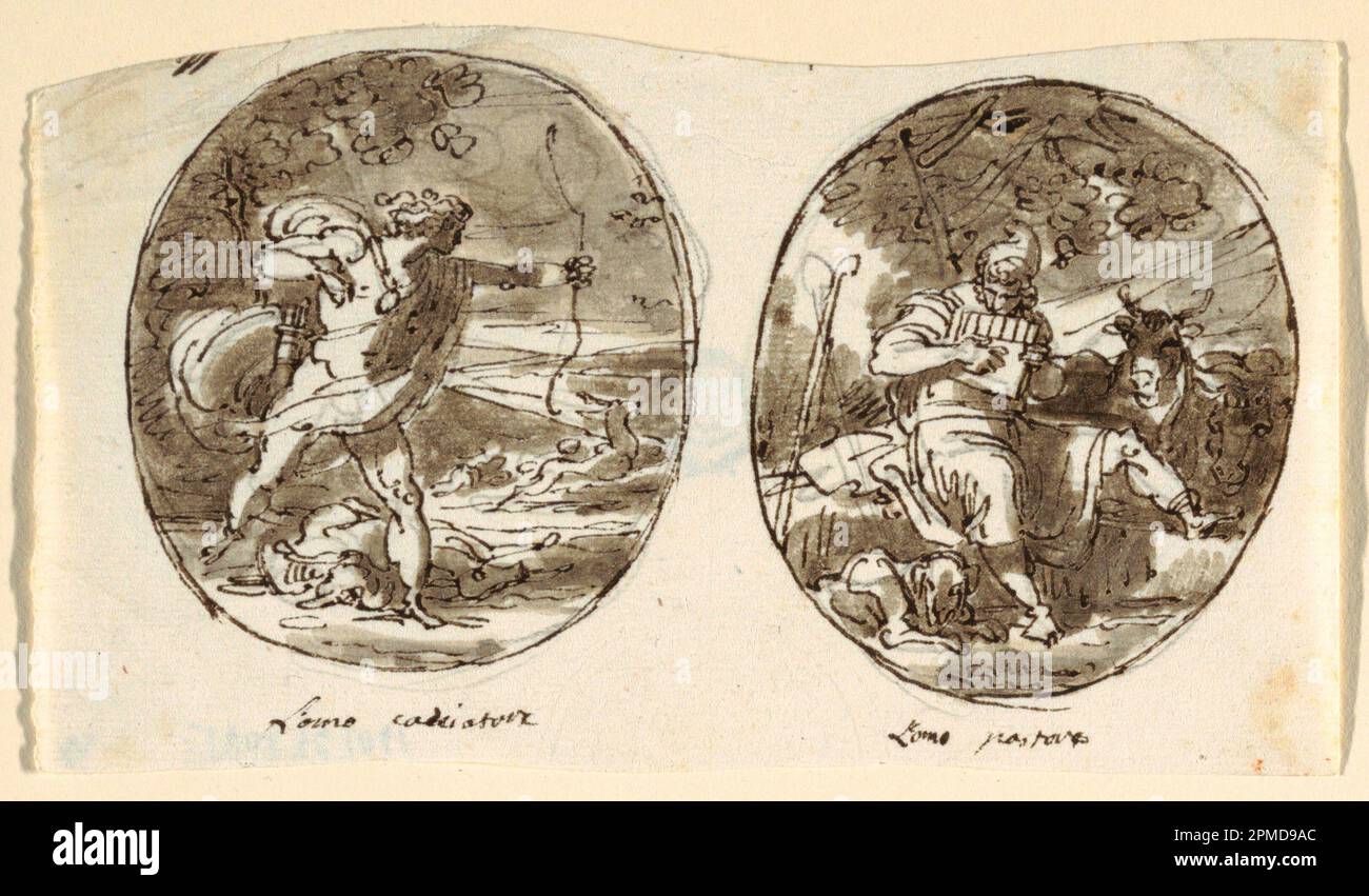 Zeichnung, man the Hunter, man the Shepherd, Design für Gewölbedecke, Sala dei Legislatori, Palazzo Conti-Sinibaldi, Faenza; entworfen von Felice Giani (Italienisch, 1758–1823); Italien; Stift und Tinte, Bürste und graubraune Wäsche über schwarzer Kreide auf liegendem Papier; 10,5 x 18,7 cm (4 1/8 x 7 3/8 Zoll) Stockfoto