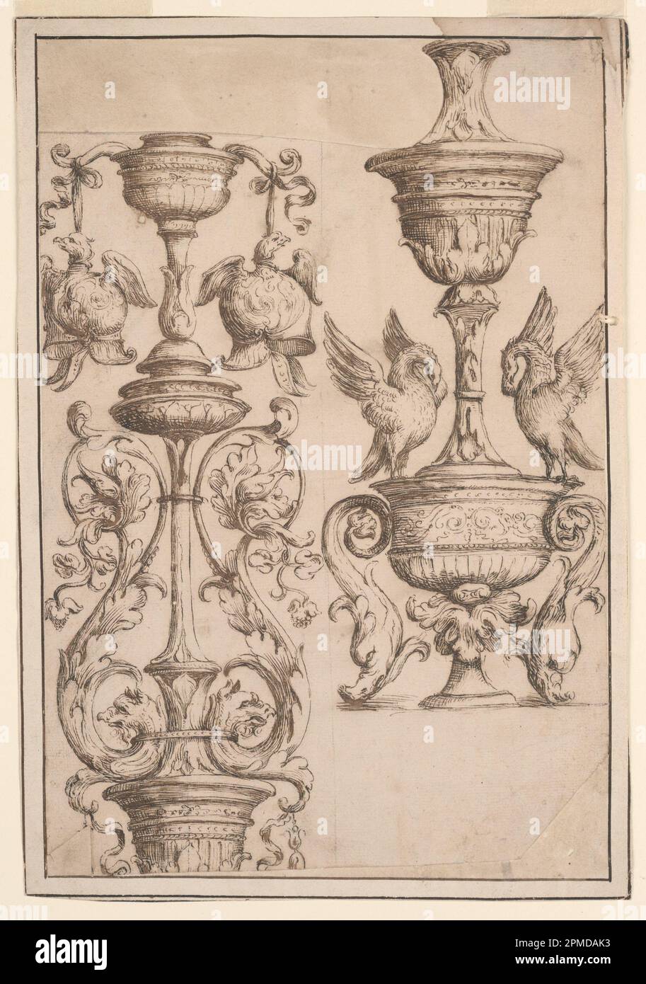 Zeichnung, zwei Candlesticks; Italien; Stift und braune Tinte, braunes Waschen, schwarze Kreideunterlage: Hellbraunes Papier gelegt; 31,4 x 21,2 cm (12 3/8 x 8 3/8 Zoll) Matte: 35,6 x 45,7 cm (14 x 18 Zoll) Stockfoto