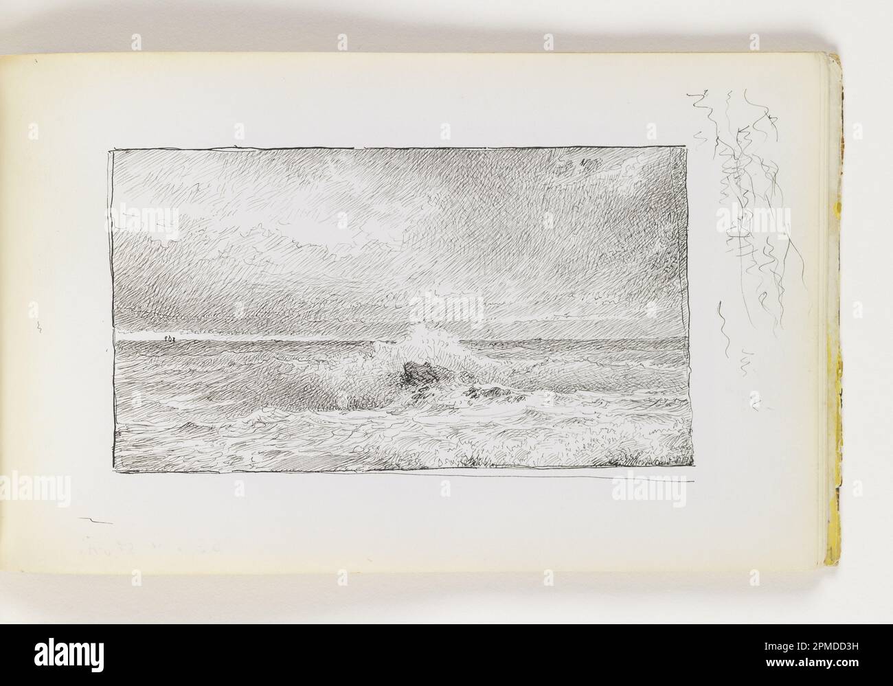 Skizzenbuch Folio, Wave Crashing on Single Rock; William Trost Richards (amerikanisch, 1833–1905); USA; Stift und schwarze Tinte auf cremefarbenem gewebtem Papier; 7,6 x 13,3 cm (3 x 5 1/4 Zoll) Blatt: 12,3 x 19,4 cm (4 13/16 x 7 5/8 Zoll) Stockfoto