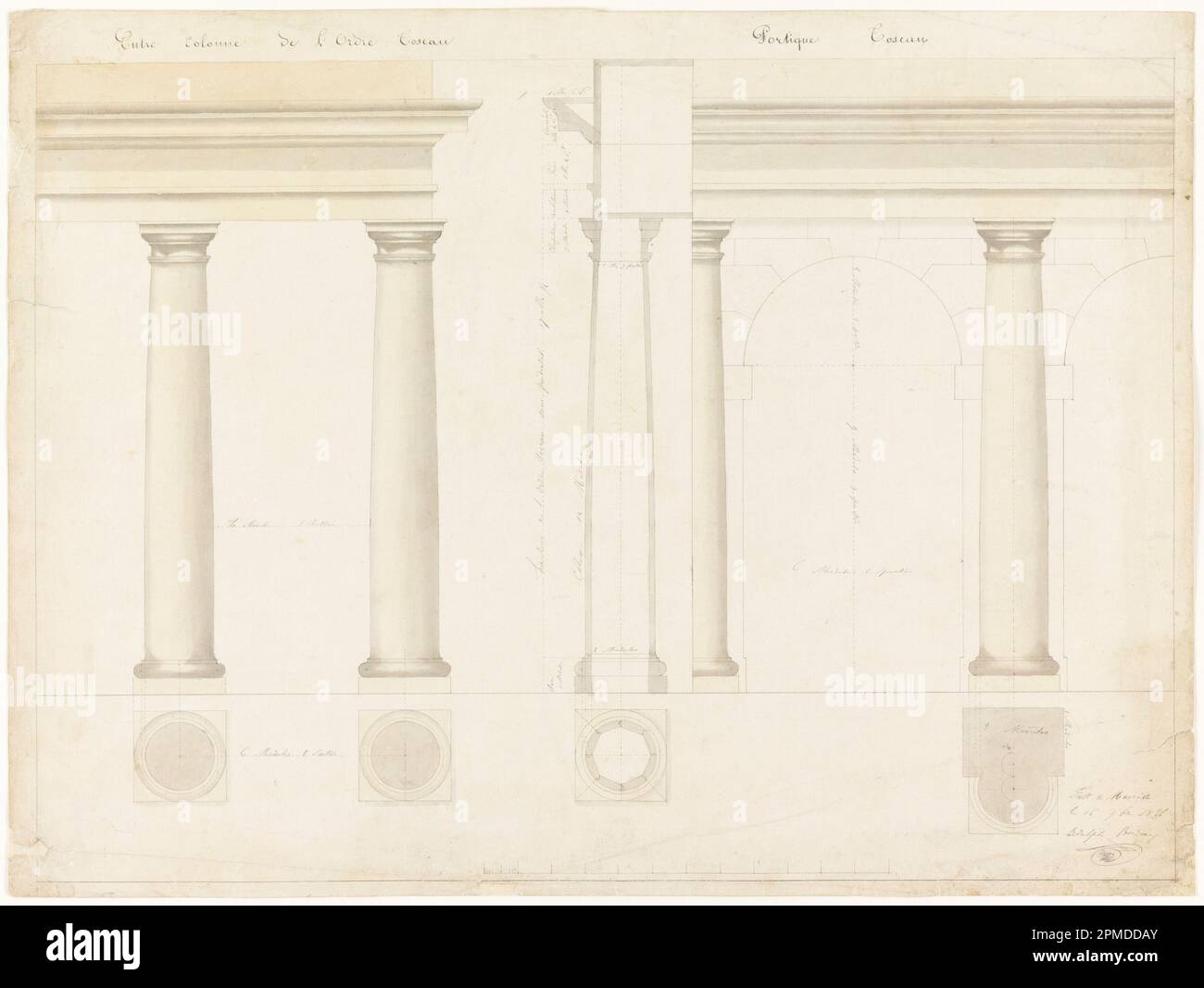 Zeichnung, Höhe des Abschnitts einer Wand mit Säulen und Bogen auf der rechten Seite; Modellmacher: Adolph Bordeaux (Französisch, aktiv 1880–1890); Frankreich; Graphit, Pinsel und Aquarell, Stift und braune Tinte auf cremefarbenem Papier; Blatt: 43,3 x 57,6 cm (17 1/16 x 22 11/16 Zoll) Stockfoto