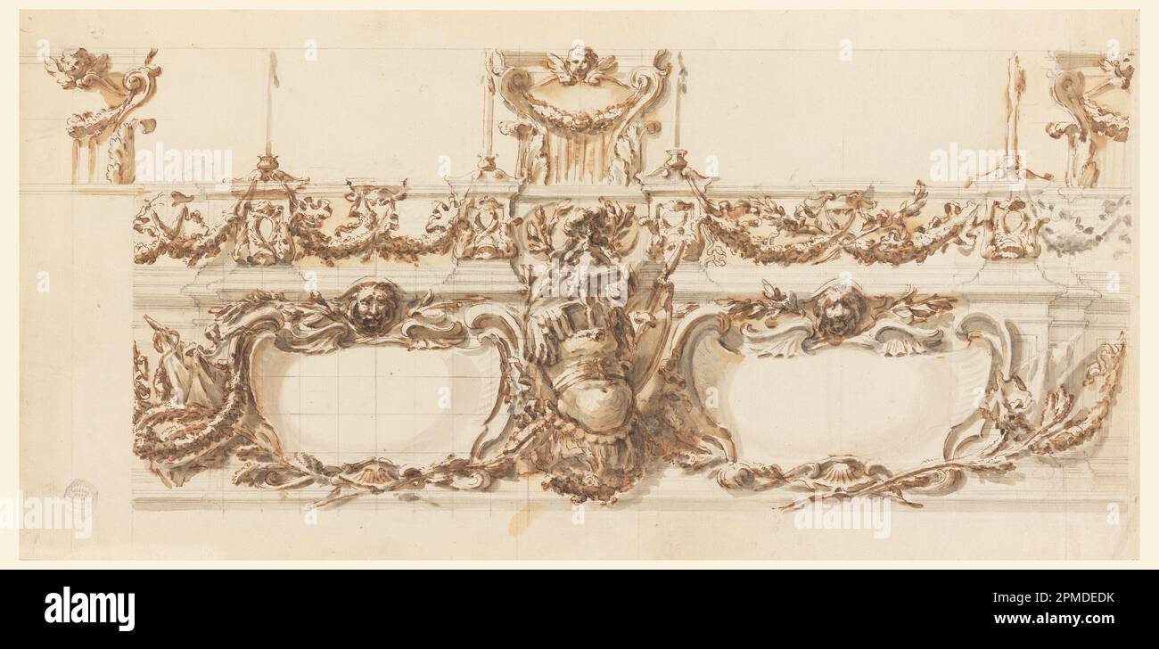 Zeichnung, Entwurf für einen Architekten; Carlo Marchionni (Italienisch, 1702–1786); Italien; schwarzer Stift, Stift und Tinte, Bürste und Sepia auf liegendem Papier; 51 x 25,3 cm (20 1/16 x 9 15/16 Zoll) Stockfoto