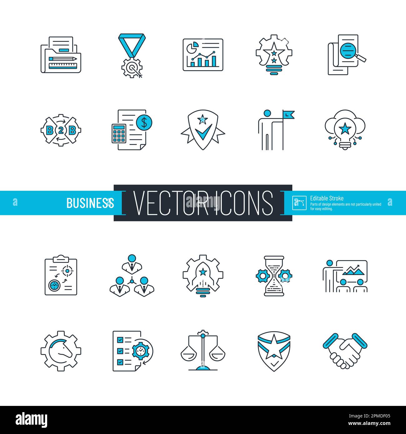 Business zwei farbige Symbole, die z. B. Organisation, Startup, Innovation, Strategie, Analyse, Teamwork, Markenmanagement, Planung, Leadershi Stock Vektor