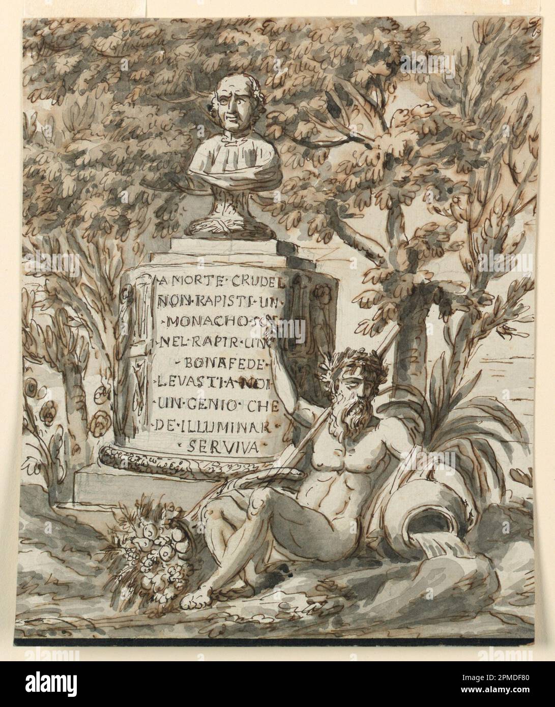 Zeichnung, Sepulchral Monument für den Mönch Bonafede; Architekt: Giuseppe Barberi (Italienisch, 1746–1809); Italien; Stift und braune Tinte, Bürste und graues Waschen, Graphit, auf blau-weißem Laienpapier; 21,8 x 18,2 cm (8 9/16 x 7 3/16 Zoll) Stockfoto