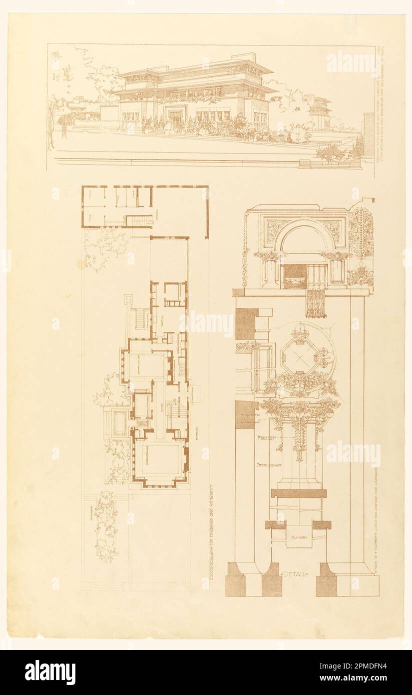 Print, Perspective, Plan, and Detail of Heller House, Chicago, Illinois; Architekt: Frank Lloyd Wright (amerikanisch, 1867–1959); USA; Lithograph auf Papier; 62,6 x 39 cm (24 5/8 x 15 3/8 Zoll) Stockfoto