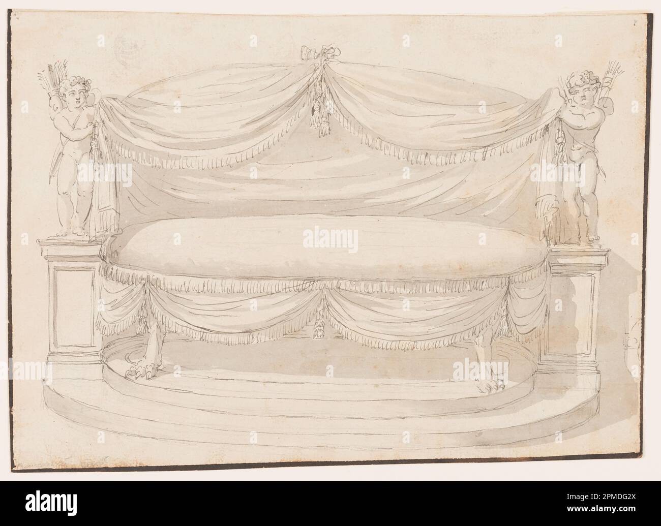 Zeichnung, Sofa; Architekt: Giuseppe Barberi (Italienisch, 1746-1809); Italien; Stift und Tinte, Bürste und graues Waschen auf blau-weißem Papier, gefüttert; Bild: 20,8 x 28,3 cm (8 3/16 x 11 1/8 Zoll) Stockfoto