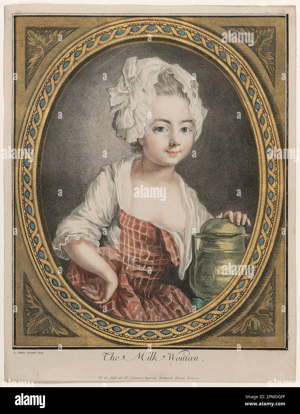 Print, The Milk Woman; Louis-Marin Bonnet (französisch, 1736–1793); Gravur und Ätzung in blauer, schwarzer und roter Tinte über Goldblatt, auf cremefarbenem Papier.; Bild: 28,2 x 23,4 cm (11 1/8 x 9 3/16 Zoll) Stockfoto