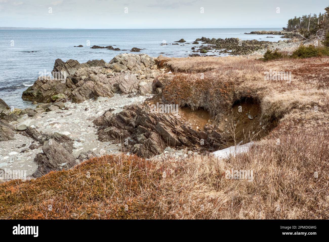 Zerklüftete Landschaft am Ufer der Gabarus Bay an der Nordostküste von Cape Breton Island Nova Scotia. Stockfoto