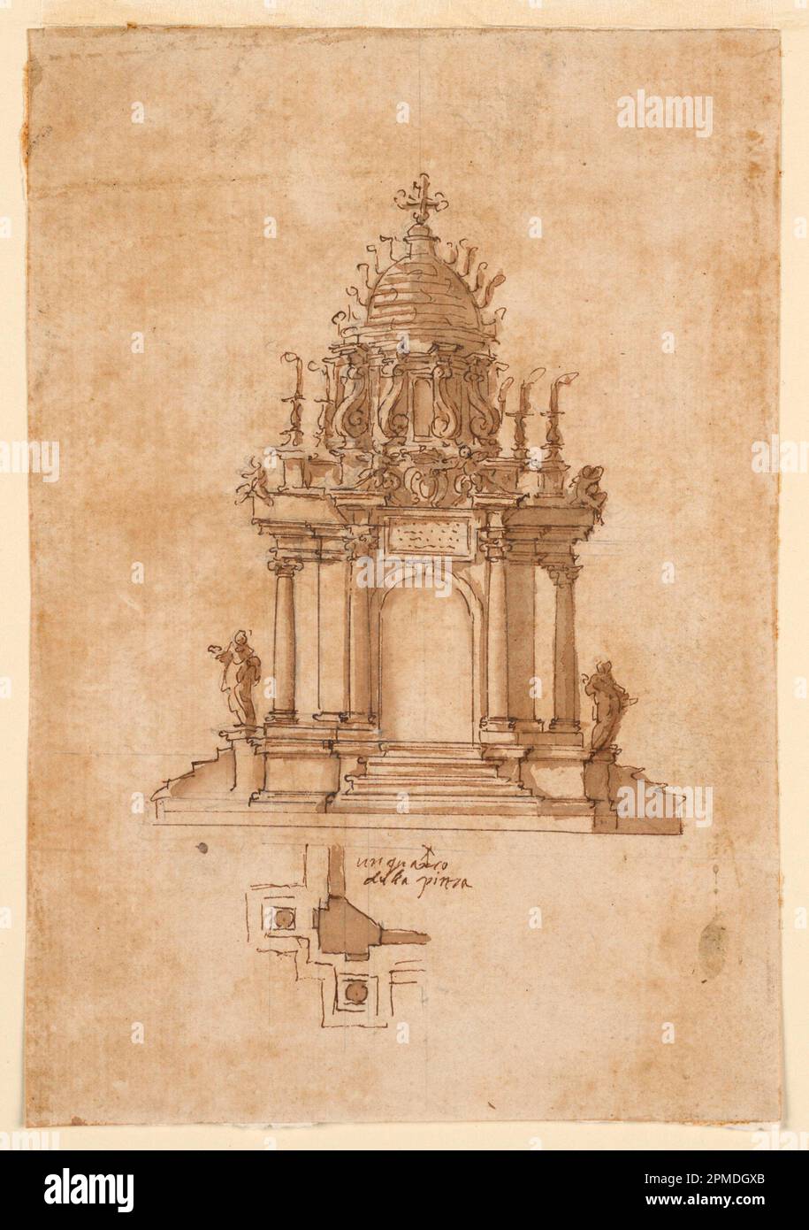 Zeichnung, Catafalque; zugeschrieben zu Baldassare Longhena (1598–1631); Zuordnungen: Giovanni Lorenzo Bernini (1598–1680); Italien; Stift und braune Tinte, braune Waschunterlage: Weißes Papier gelegt; 25,1 x 17,3 cm (9 7/8 x 6 13/16 Zoll) Matte: 35,6 x 45,7 cm (14 x 18 Zoll) Stockfoto