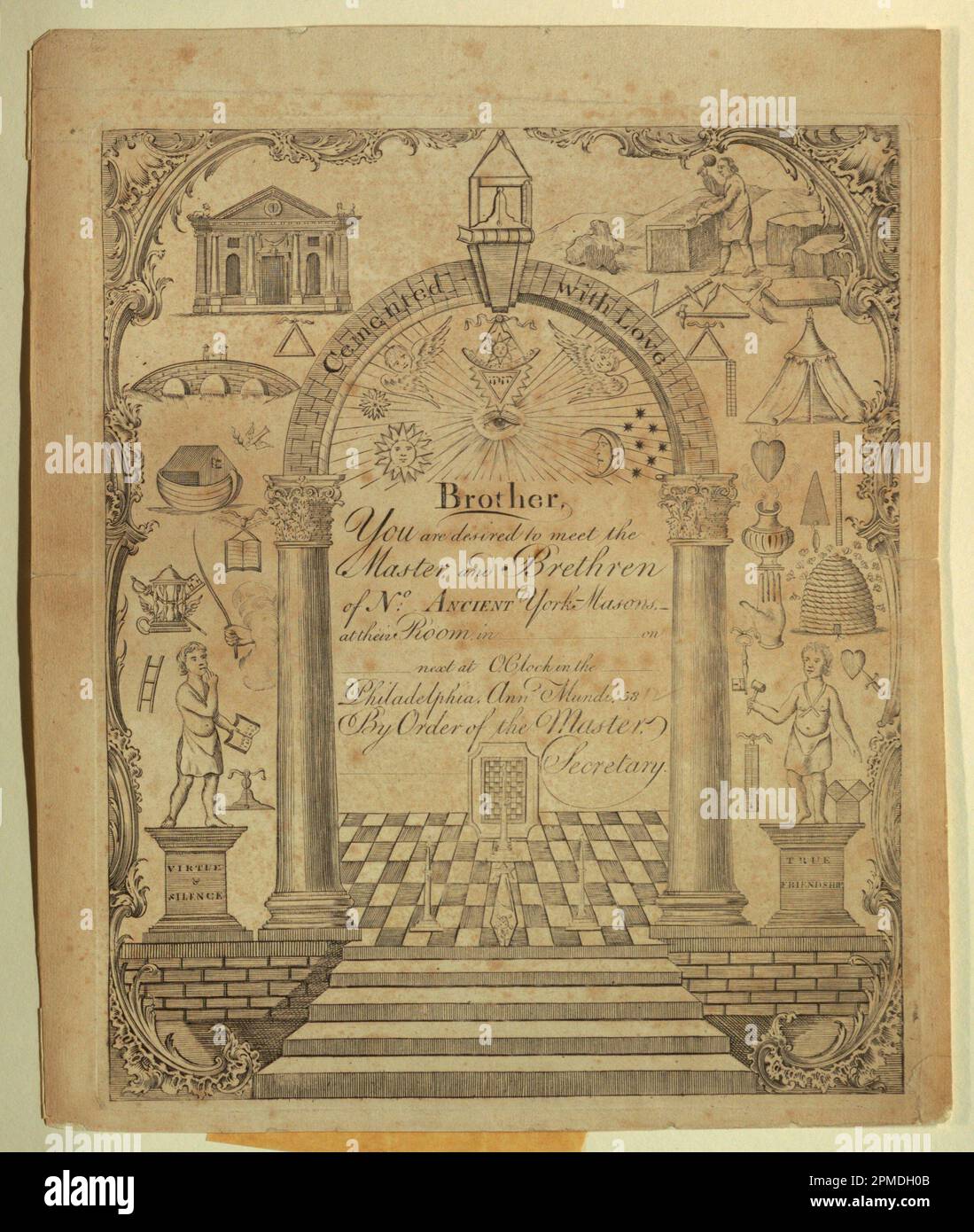 Print, Masonic Invitation; FRANKREICH & USA; Gravur mit schwarzer Tinte auf weißem Papier; Platemark: 22,4 x 18,6 cm (8 13/16 x 7 5/16 Zoll) H x B: 24,8 x 20,5 cm (9 3/4 x 8 1/16 Zoll); 1948-89-12 Stockfoto