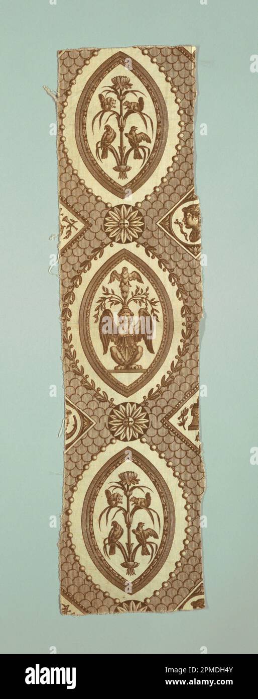 Fragmente, die Götter des Olympus; Unternehmen: Oberkampf & Cie. (Frankreich); Frankreich; Baumwolle; Warp x Schuss (A): 68 x 68 cm (26 3/4 x 26 3/4 Zoll) Kette x Schuss (b): 77,5 x 34,5 cm (30 1/2 x 13 9/16 Zoll) Kette x Schuss (c): 75 x 19 cm (29 1/2 x 7 1/2 Zoll) Wiederholung H (Muster): 51 cm (20 1/16 Zoll); Bequest von Elinor Merrell; 1995-50-63-a/c Stockfoto