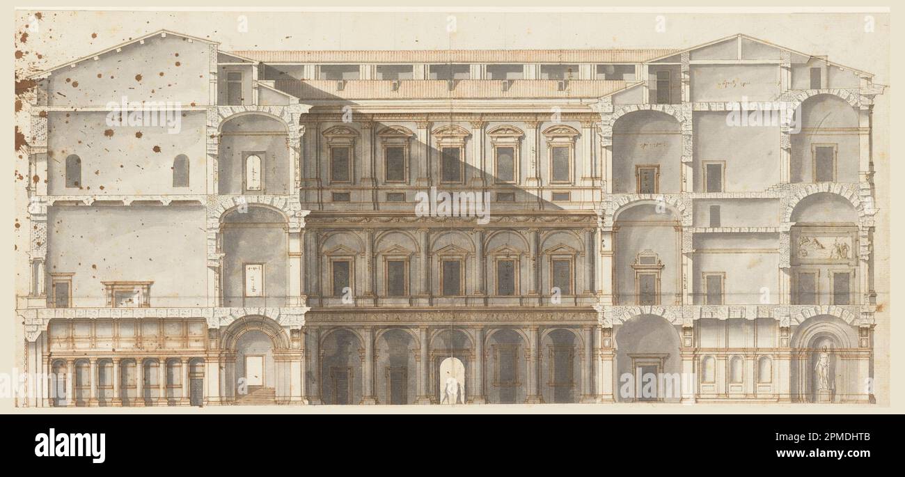 Zeichnung, Section of the Wings and Elevation of a Wall on the Court, Palazzo Farnese, Rom; Architekt: Unbekannt; Frankreich; Stift und braune Tinte, Pinsel und grau, rot gewaschen, über schwarzer Kreide auf Papier, gefüttert; 24,6 x 53 cm (9 11/16 x 20 7/8 Zoll) Matte: 55,6 x 71,1 cm (21 7/8 Zoll X 28 Zoll) Stockfoto