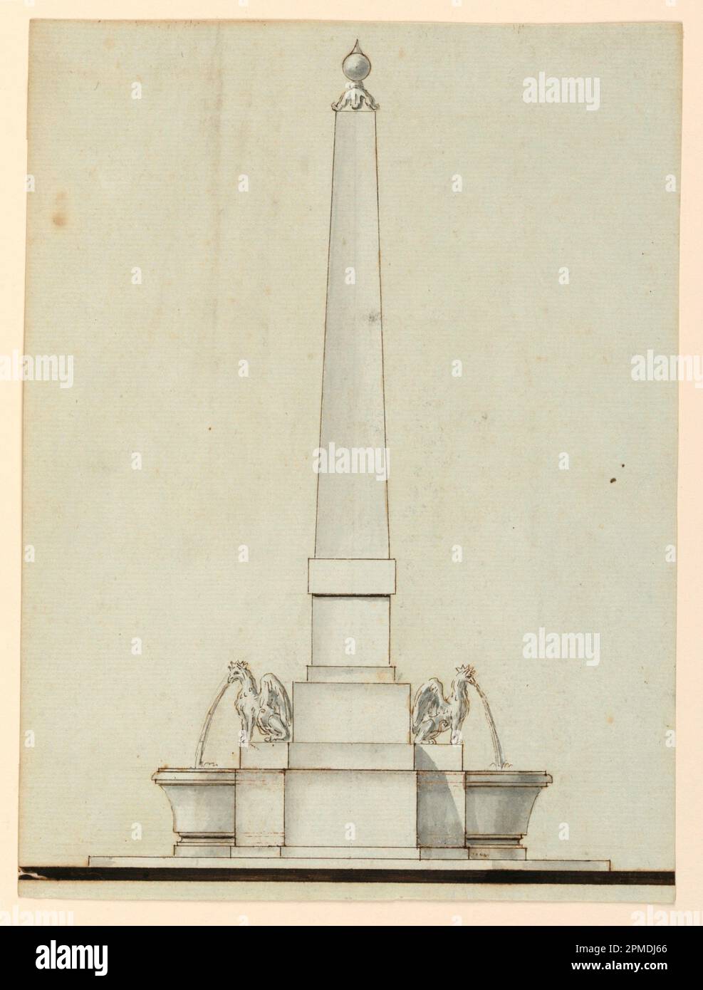 Zeichnung, Höhe eines Springbrunnens; Italien; schwarze Kreide, Stift und Tinte, Bürste und Aquarell auf Papier; 26,6 x 20,8 cm (10 1/2 x 8 3/16 Zoll) Stockfoto