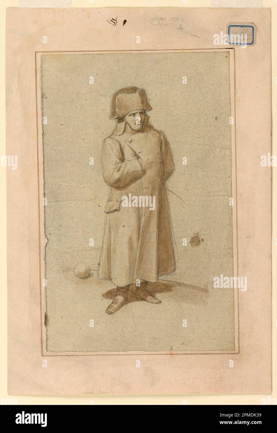 Zeichnung, General Napoleon Bonapart; engagiert: Napoleon Bonaparte (1769 – 1821); Italien; Graphit, Pinsel und braune Tinte, linierter Rand auf der Halterung in Stift A Stütze: Cremefarbenes Lagepapier auf dickem, weißem Lagepapier; insgesamt: 21 x 13,3cm (8 1/4 x 5 1/4in) Matte: 40,6 x 55,9 cm (16 x 22 Zoll) Halterung: 27 x 18,6 cm (10 5/8 x 7 5/16 Zoll) Stockfoto