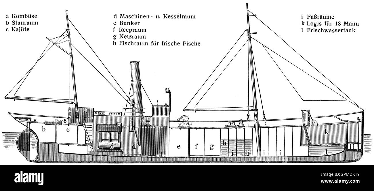 Heringsdampfer, Längsschnitt. Veröffentlichung des Buches "Meyers Konversations-Lexikon", Band 2, Leipzig, 1910 Stockfoto