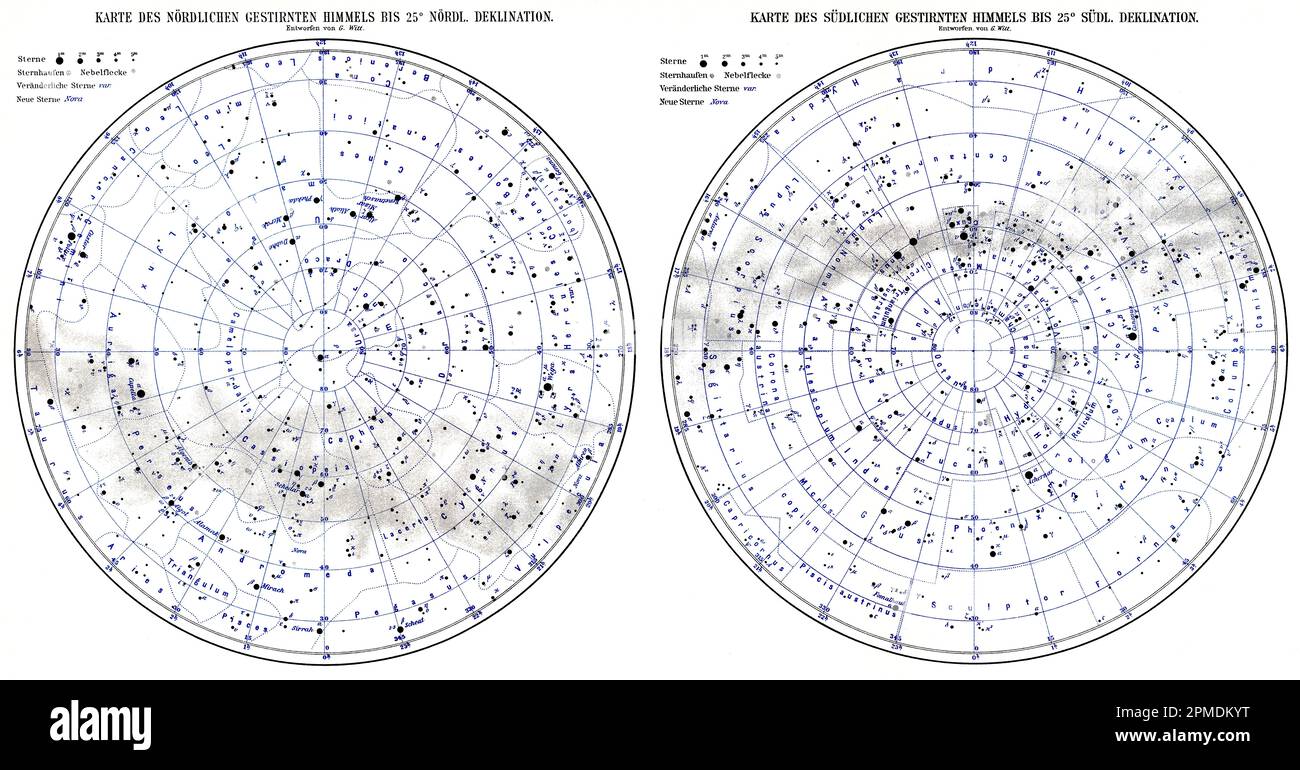 Karte des nördlichen Sternenhimmels bis 25°N Declination. Karte des südlichen Sternenhimmels bis 25°S Declination. Veröffentlichung des Buches "Meyers Konversations-Lexikon", Band 2, Leipzig, 1910 Stockfoto