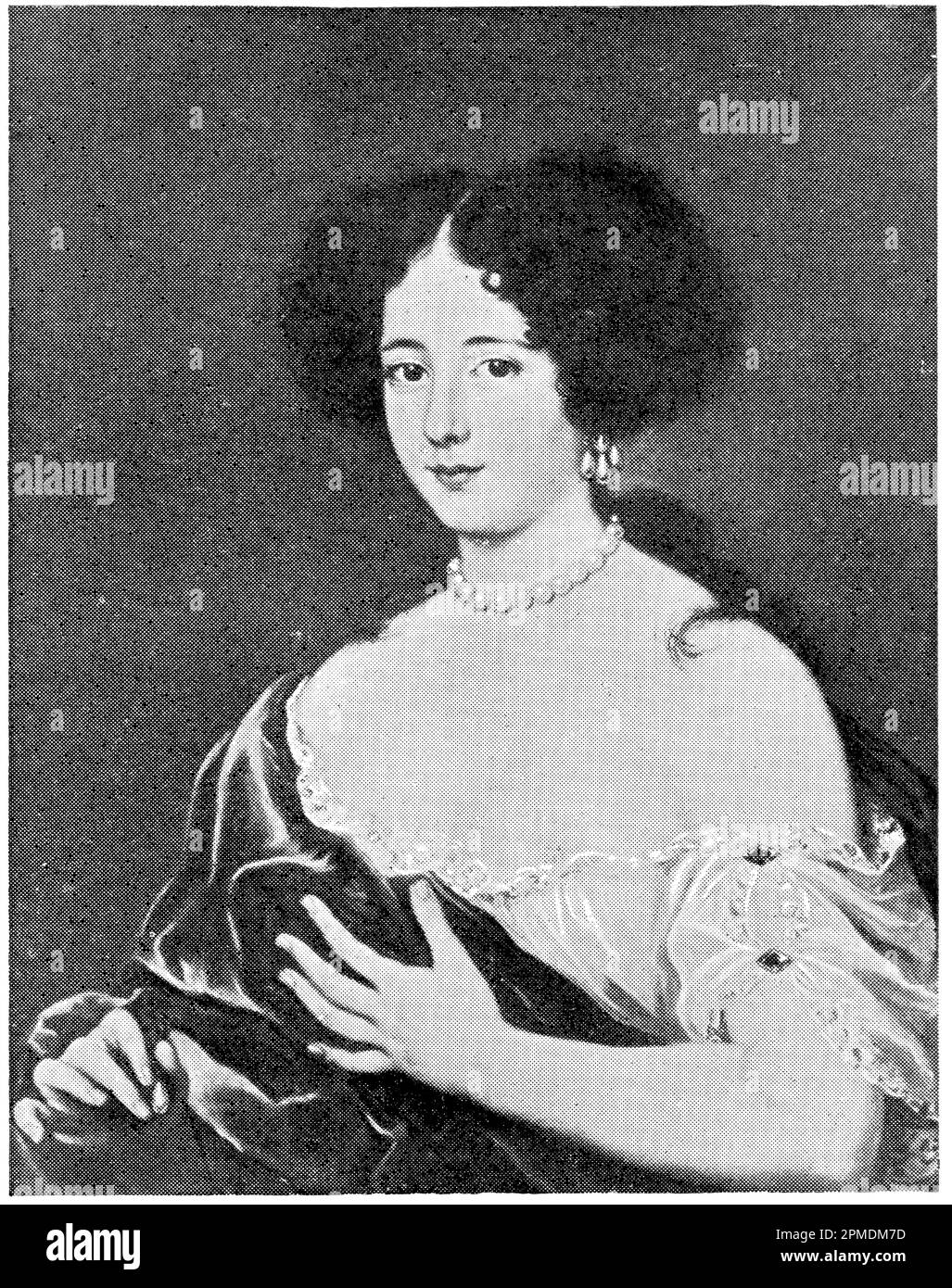Porträt von Maria Mancini, Nichte von Kardinal Mazarin, von einem französischen Maler Pierre Mignard. Veröffentlichung des Buches "Meyers Konversations-Lexikon", Band 2, Leipzig, 1910 Stockfoto