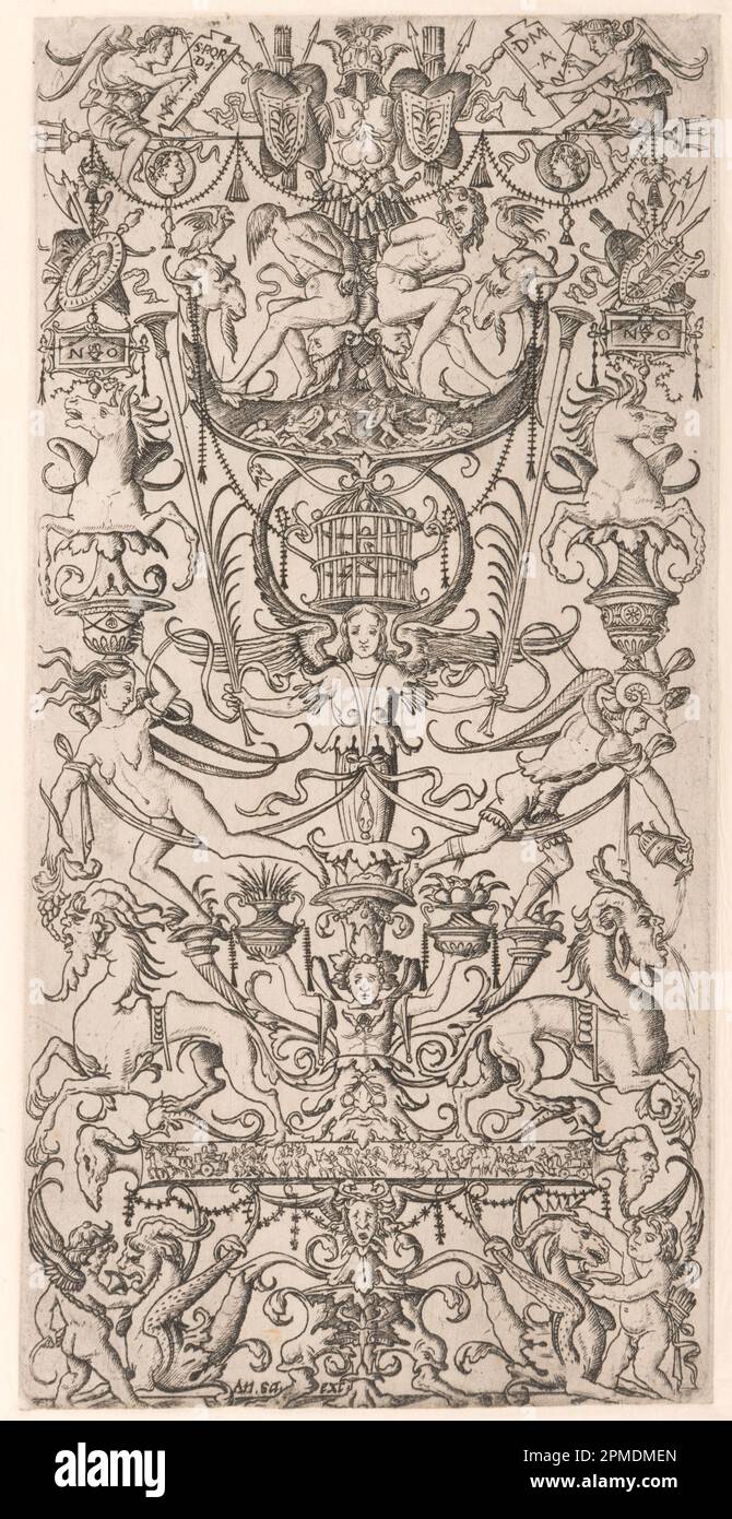 Print, Ornament Panel with Bird Cage; Nicoletto da Modena (Italienisch, aktiv 1500-1522); Veröffentlicht von Antonio Salamanca (Italienisch, ca. 1500 - 1562); Italien; Gravur auf cremefarbenem, liegendem Papier Stockfoto