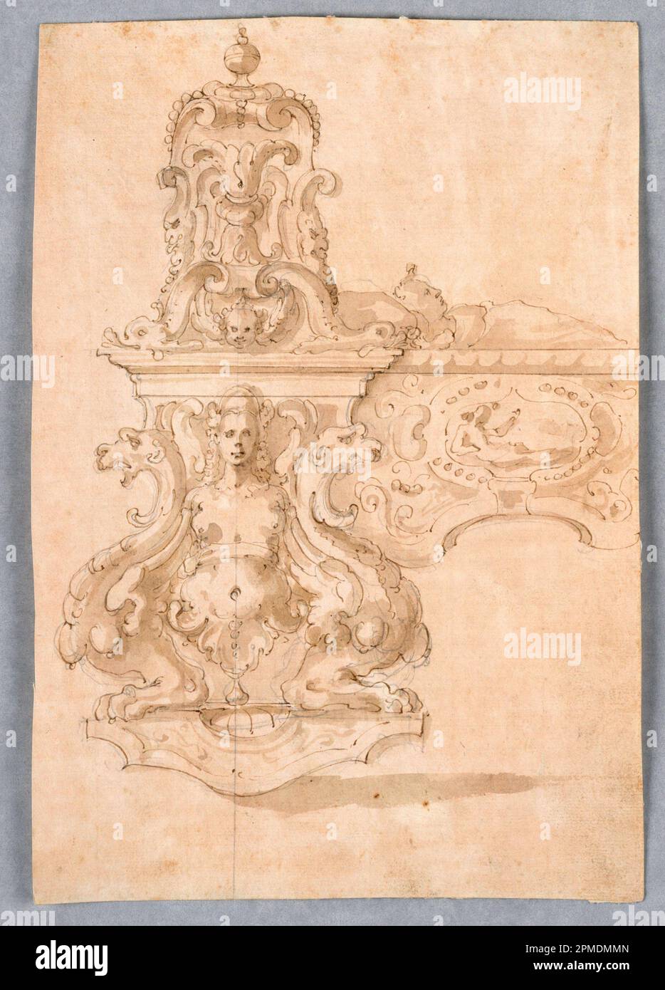 Zeichnung, LADESTATION; Unbekannt; Italien; Stift und braune Tinte mit brauner Wäsche und Spuren von Graphit; 25,9 x 18 cm (10 3/16 x 7 1/16 Zoll) Stockfoto