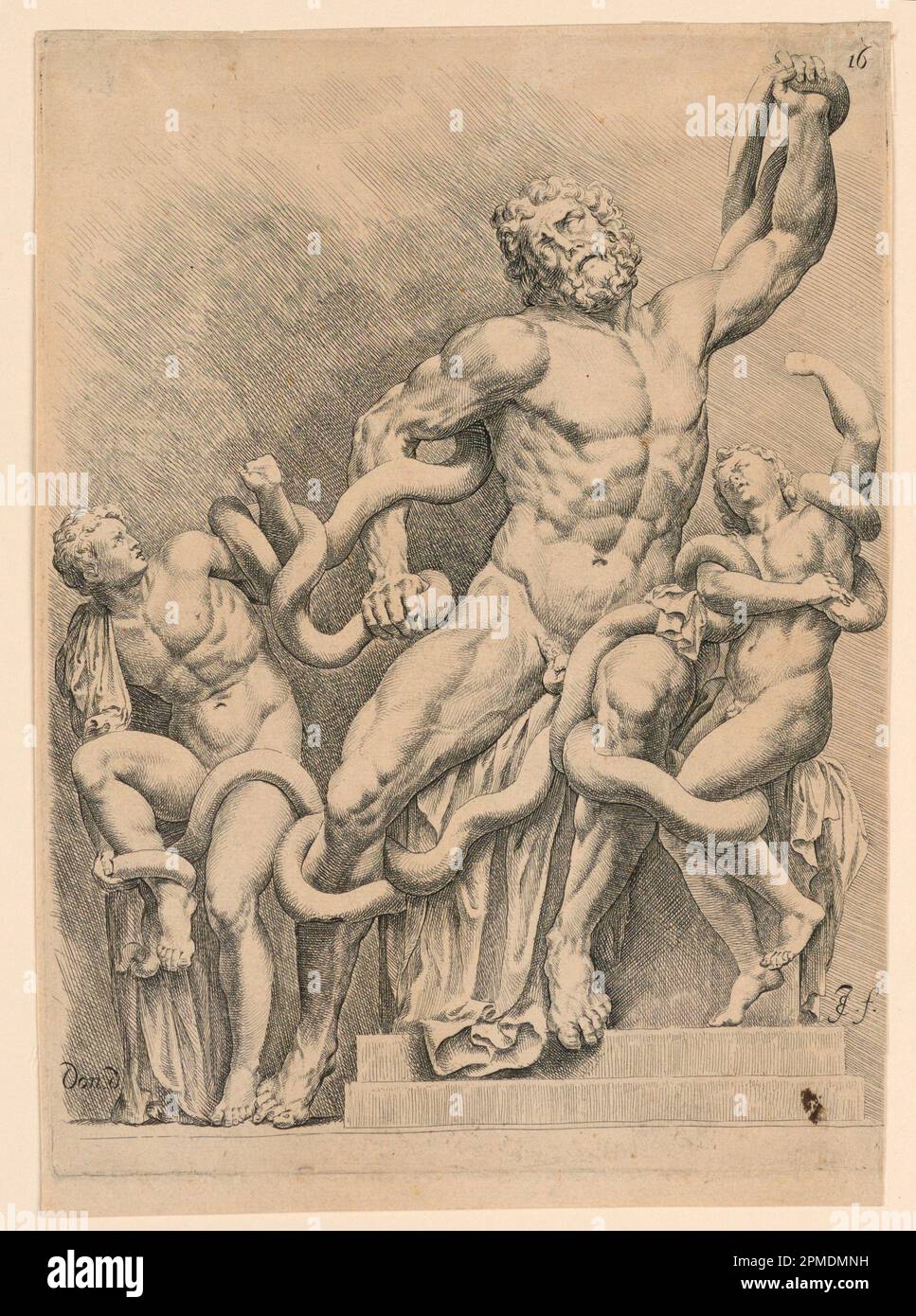 Print, Laocoon; Print Maker: Jan de Bisschop (Niederländisch, 1628 - 1671); Niederlande; Gravur auf Papier; Platte: 23,2 x 17 cm (9 1/8 x 6 11/16 Zoll) Papier: 24,1 x 17,1 cm (9 1/2 x 6 3/4 Zoll); 1896-31-66 Stockfoto