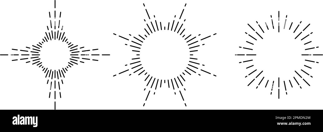 Retro-Sonnenschein-Rahmen eingestellt. Klassische Sonnenstrahlen-Kollektion. Stilisierter Sonnenschein, radiale Strahlen, Sonnenstrahlen, Feuerwerk, Explosionssymbole. Vektorkonstruktionselemente Stock Vektor