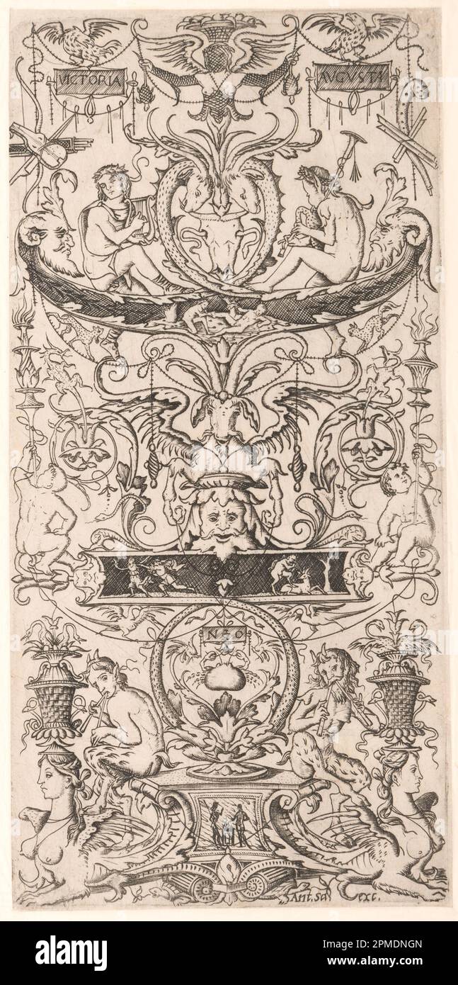 Print, Ornament Panel Inschrift „Victoria Augusta“; Nicoletto da Modena (Italienisch, aktiv 1500 – 1522); Veröffentlicht von Antonio Salamanca (Italienisch, ca. 1500 - 1562); Italien; Gravur auf weißem, liegendem Papier Stockfoto
