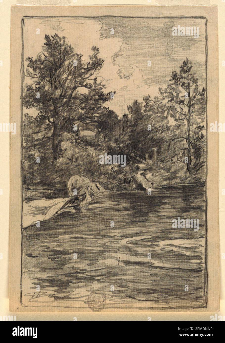 Zeichnen, Fluss und Bäume; Walter Shirlaw (amerikanisch, B. Schottland, 1838–1909); USA; Graphit auf weißem Papier; 25,5 x 17,4 cm (10 1/16 x 6 7/8 Zoll) Matte: 45,7 x 35,6 cm (18 x 14 Zoll) Stockfoto