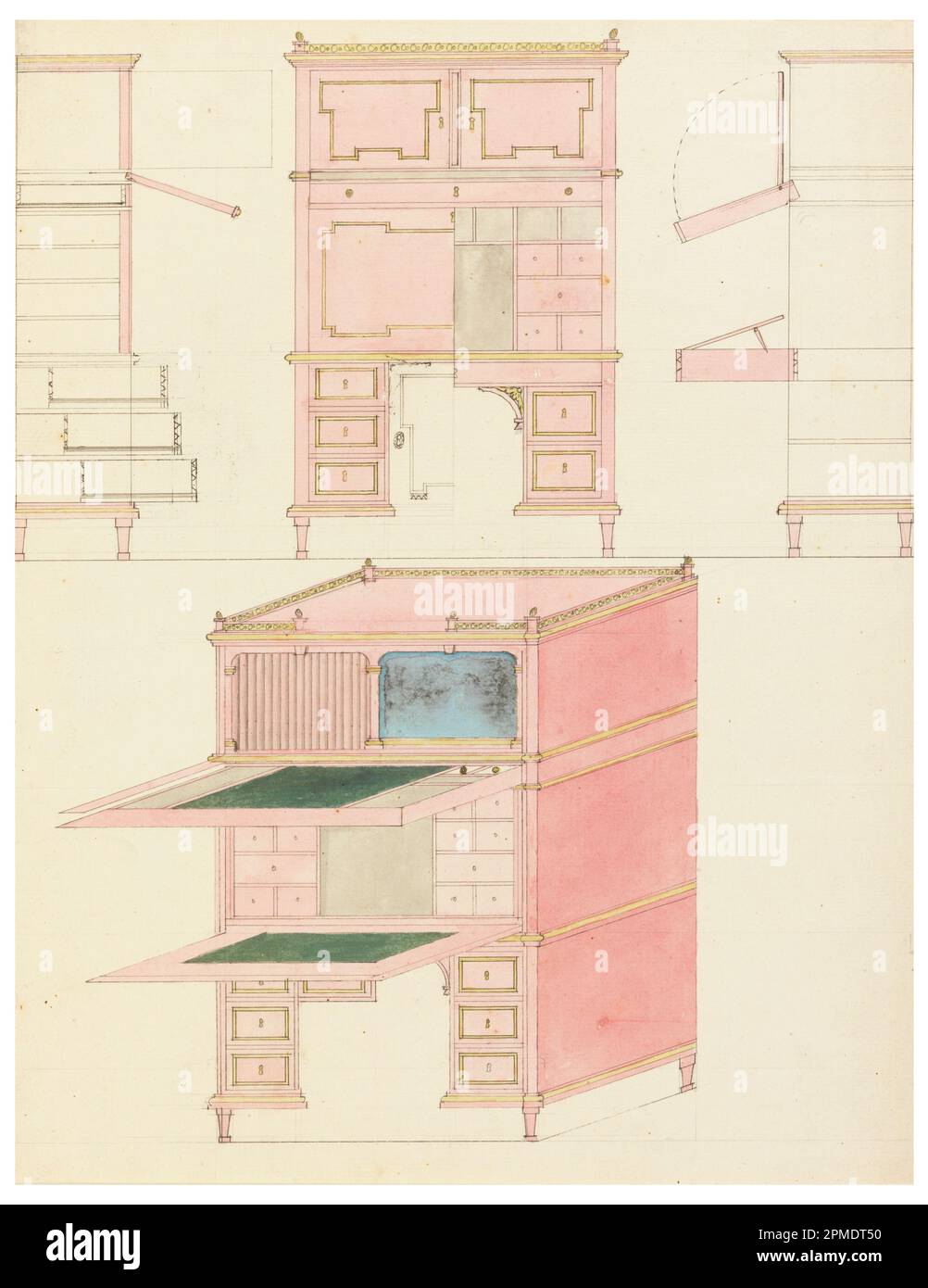 Zeichnung, Design für mechanische Möbel: Secretary Desk; Deutschland; Graphit, Stift und schwarze Tinte, Pinsel und Aquarell auf Papier; 39,9 x 31,3 cm (15 11/16 x 12 5/16 Zoll) Stockfoto