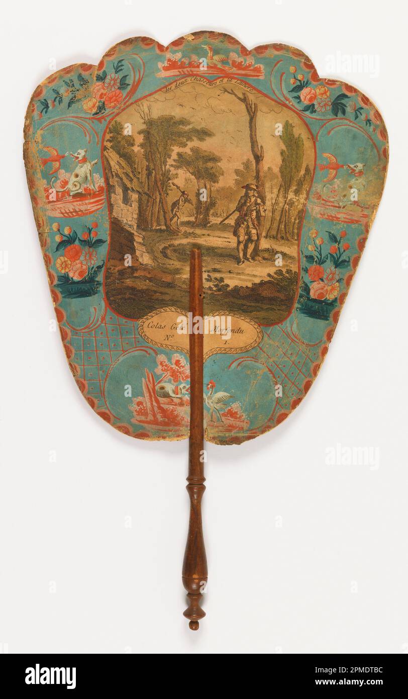 Handschirm, Les deux chasseurs et la laitière (die beiden Jäger und die Milchmagd); graviertes, handfarbenes und gemaltetes Papierblatt, gedrehter Holzgriff Stockfoto