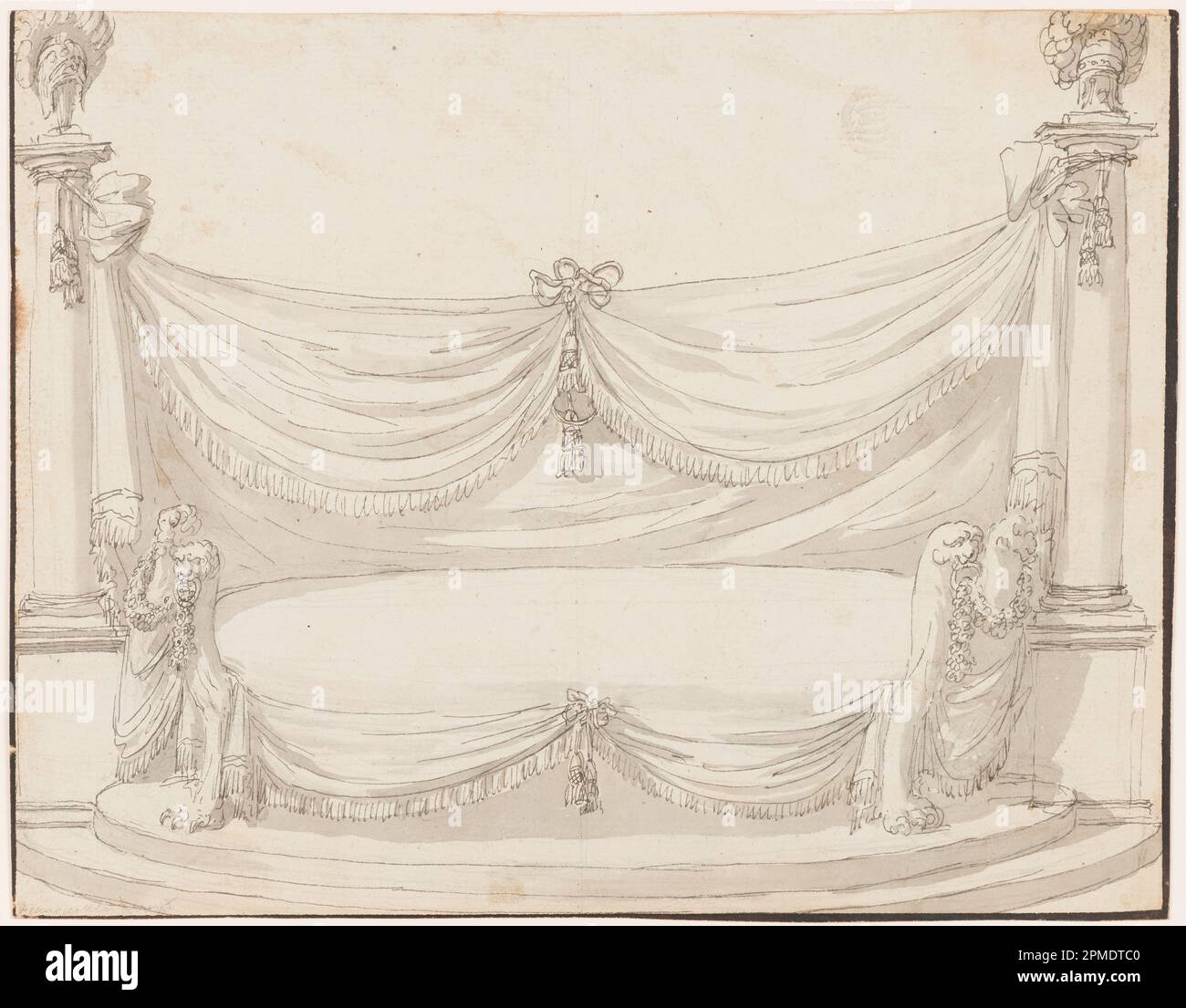 Zeichnung, Sofa; Architekt: Giuseppe Barberi (Italienisch, 1746-1809); Italien; Stift und Tinte, Bürste und graues Waschen auf blau-weißem Papier, gefüttert; Bild: 21,6 x 27,6 cm (8 1/2 x 10 7/8 Zoll) Stockfoto