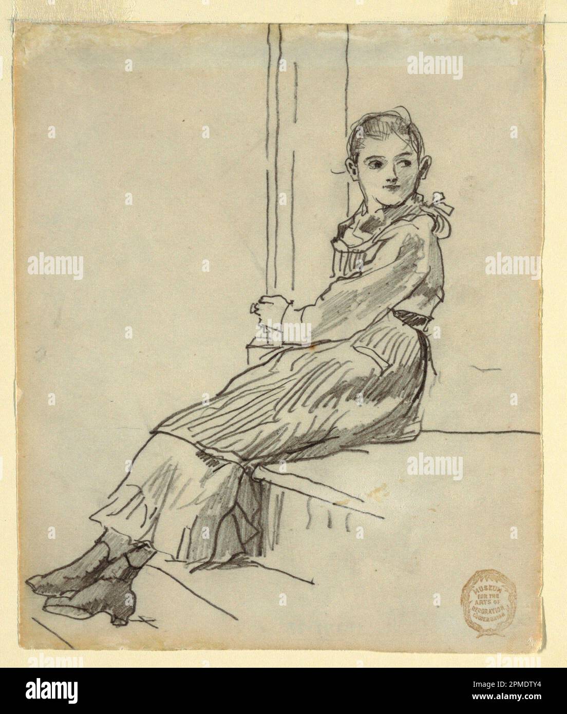 Zeichnung, Mädchen sitzt auf einer Veranda; Winslow Homer (amerikanisch, 1836–1910); USA; Graphit auf Papier; Blatt: 16,9 x 14,2 cm (6 5/8 x 5 9/16 Zoll) Stockfoto