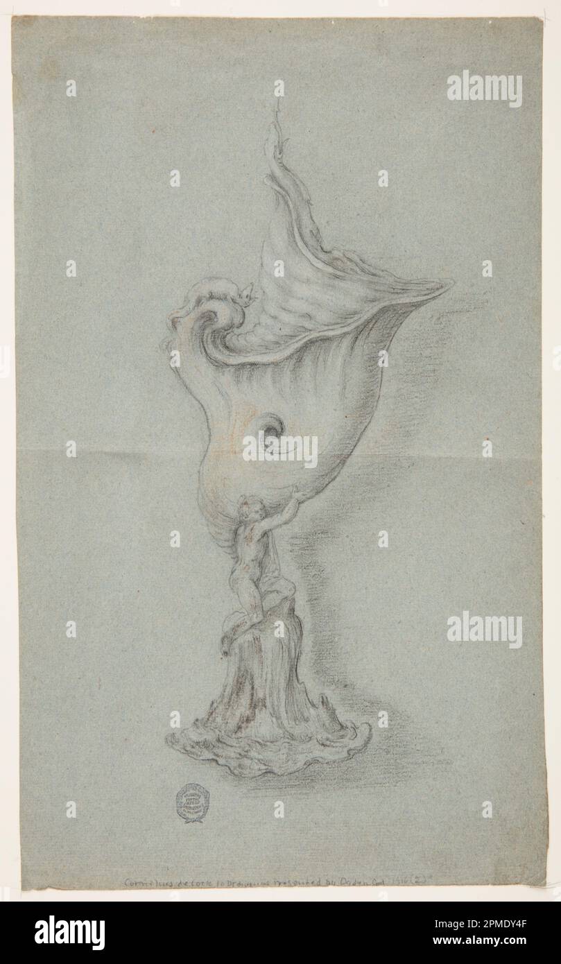 Zeichnung, Design für einen Becher; Kreis von Jan Lutma (Niederländisch, ca. 1584 - 1669); Niederlande; schwarze Kreide, Bürste und braune Aquarelle, oxidiertes Weiß auf graublauem Papier Stockfoto