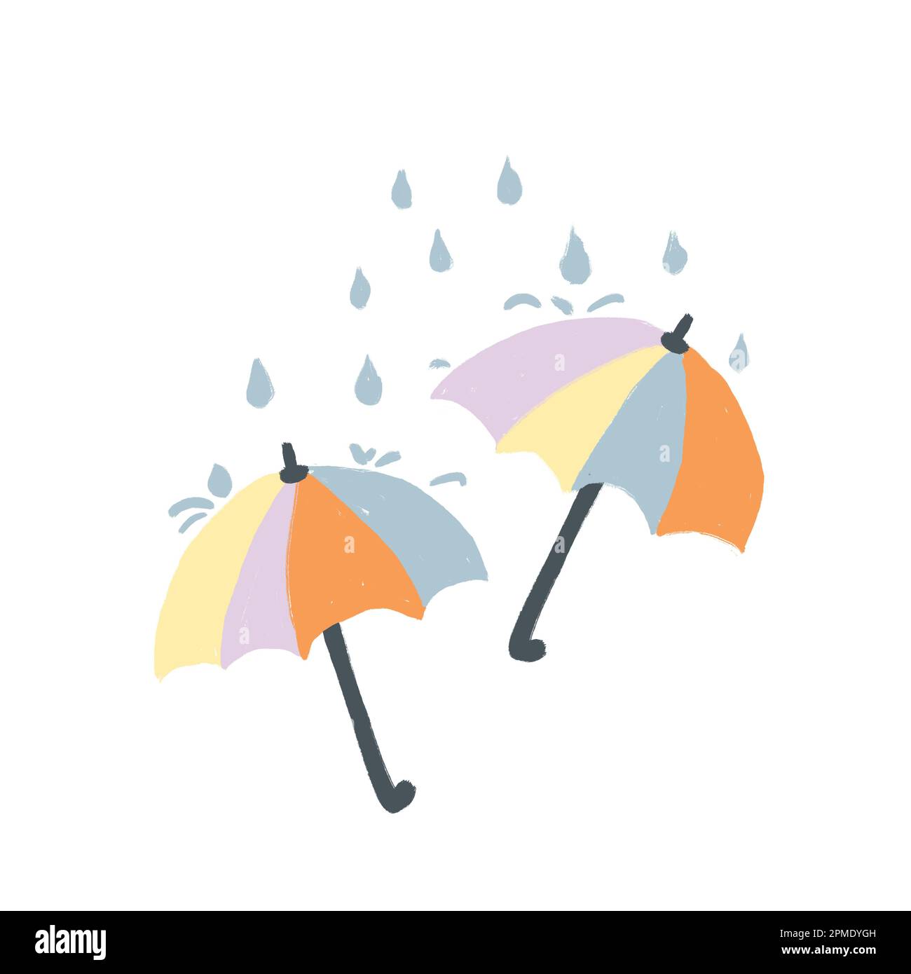 Handgezeichnete Abbildung mit orangefarbenen gelben Regenschirmen auf weißem Hintergrund. Regen Regentropfen Herbstwetter Regen, april-Duschen-Design, lustiger Cartoon-Modedruck, Frühlingselemente, Modedruck aus Stoff Stockfoto