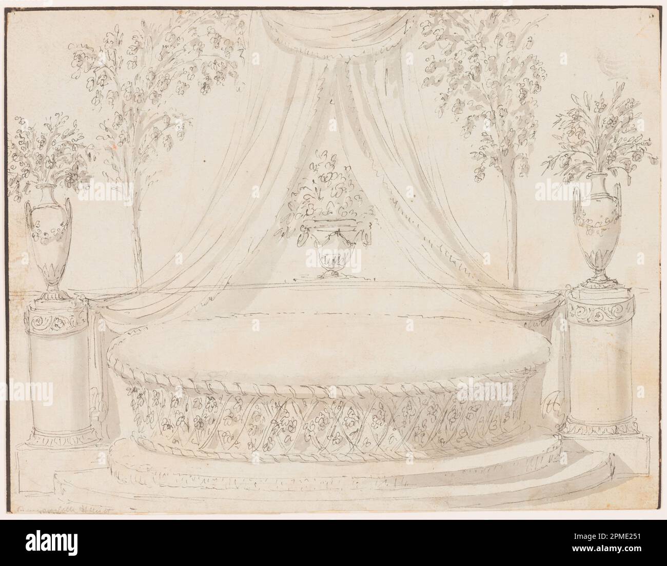 Zeichnung, Sofa; Architekt: Giuseppe Barberi (Italienisch, 1746-1809); Italien; Stift und graubraune Tinte, Bürste und graue Wäsche auf blau-weißem Papier, liniert; Bild: 21,5 x 27,7 cm (8 7/16 x 10 7/8 Zoll) Stockfoto