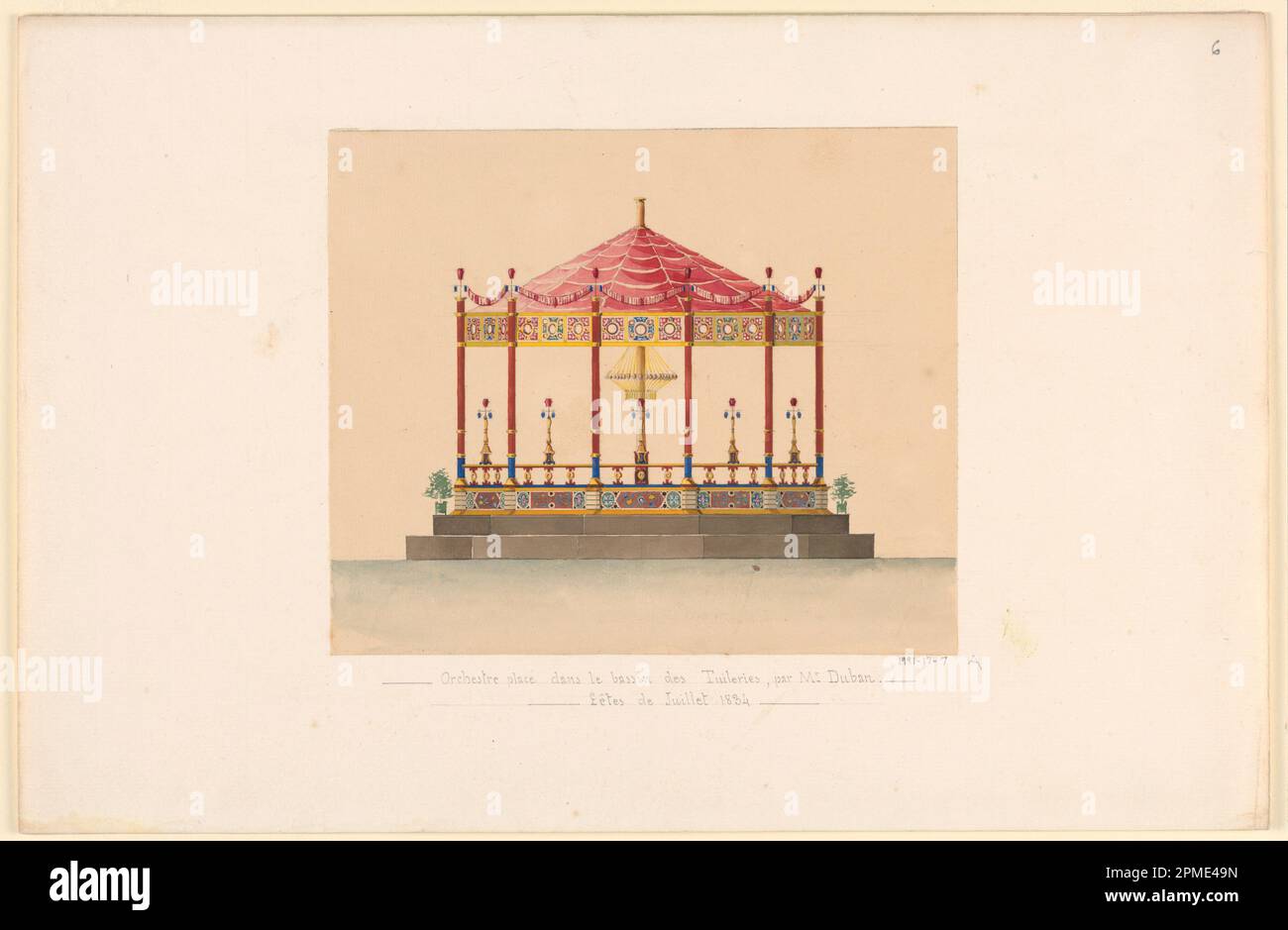 Zeichnung, Design for a Music Pavilion in the Tuileries Garden Fountain, 1834; zugeschrieben auf Félix-Jacques Duban (Französisch, 1798 - 1870), Abel Blouet; Frankreich; Pinsel und Aquarell, Stift und schwarze Tinte, Graphit auf hellbraunem Papier auf cremeweißem Papier; Blatt: 18,7 x 22,2 cm (7 3/8 x 8 3/4 Zoll) Halterung: 28,9 x 44,3 cm (11 3/8 x 17 7/16 Zoll) Stockfoto