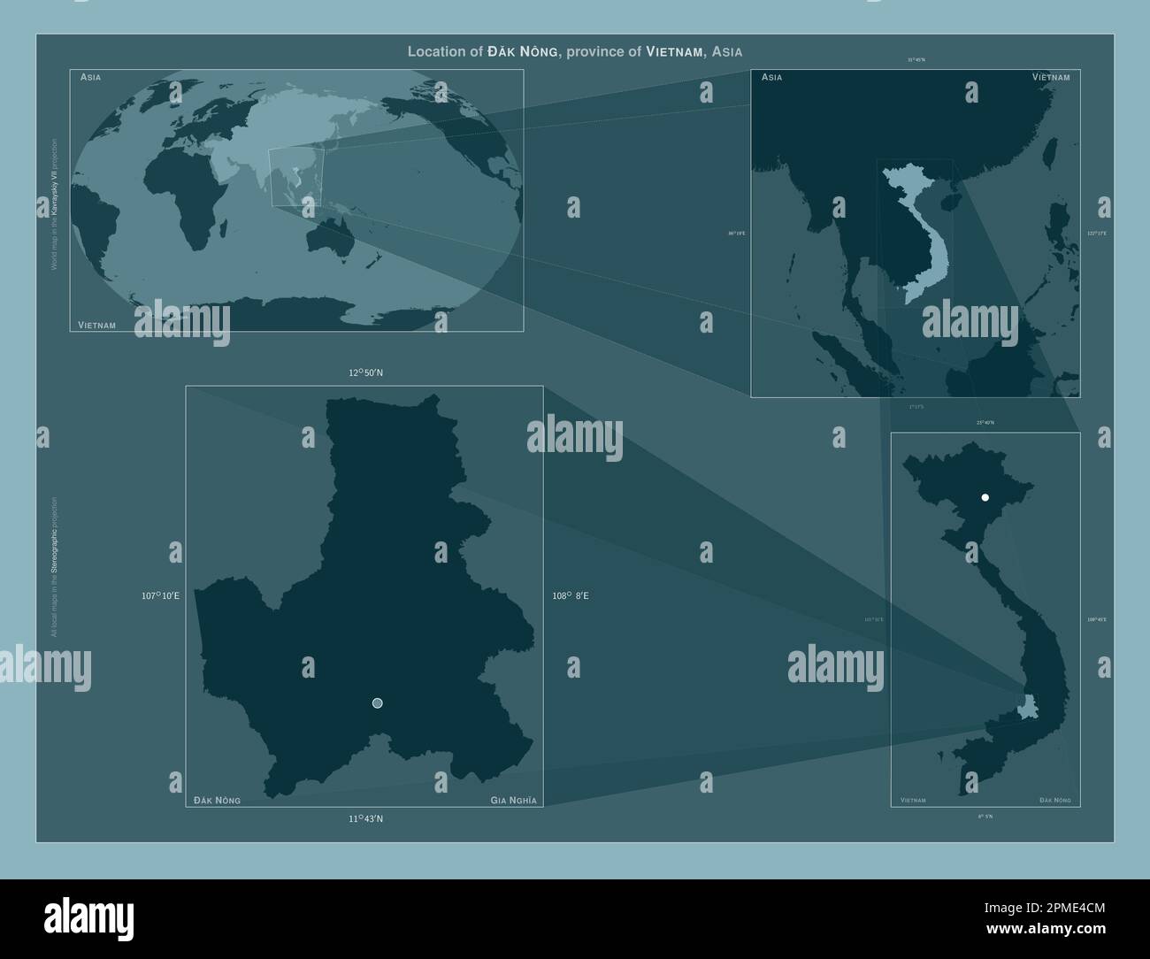 ak Nong, Provinz Vietnam. Diagramm, das die Position der Region auf Karten mit größerem Maßstab zeigt. Zusammensetzung von Vektorrahmen und PNG-Formen auf einem Volumenkörper Stockfoto